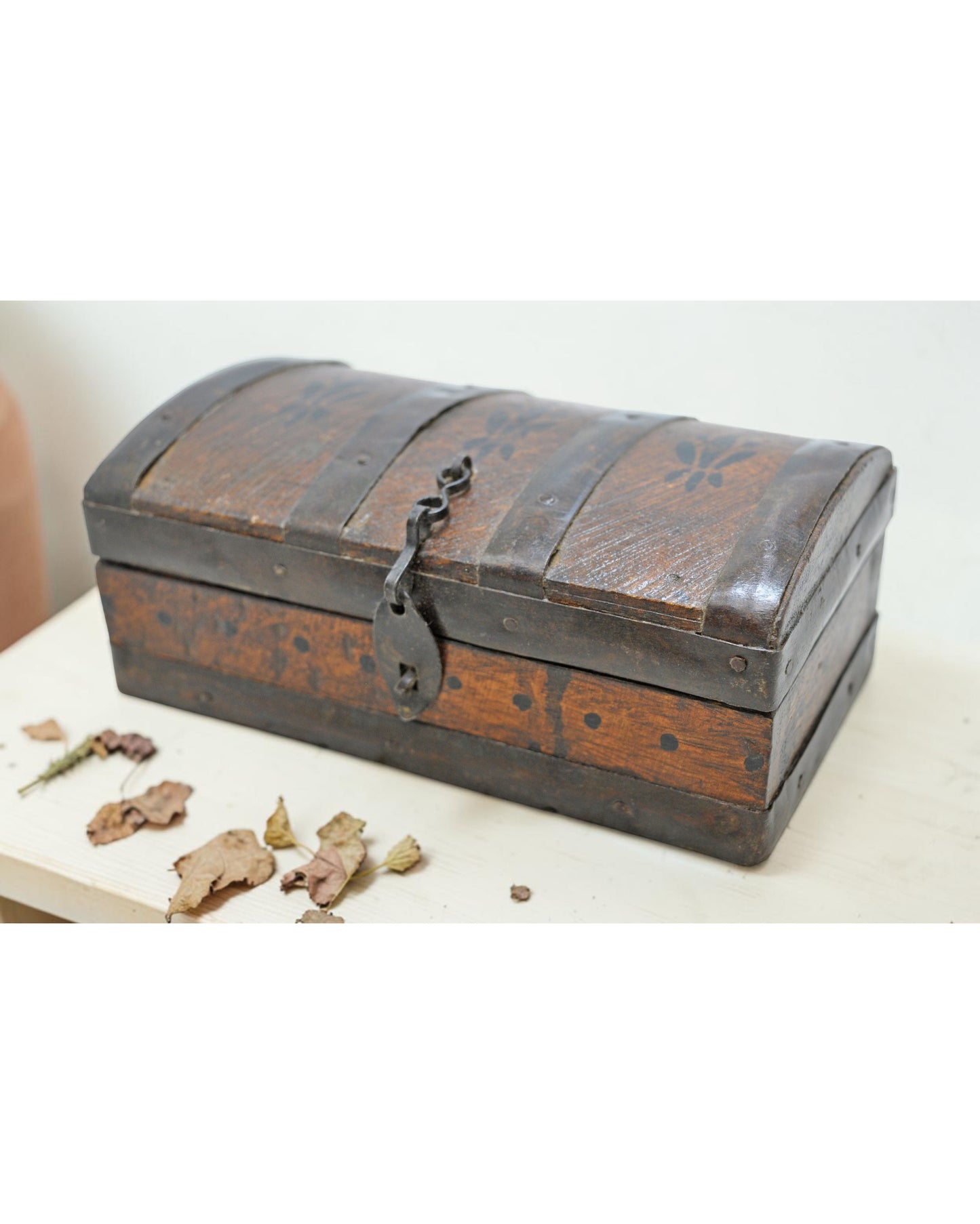 Vintage Wooden Small Storage Box Original Old Hand Crafted Metal Fitted