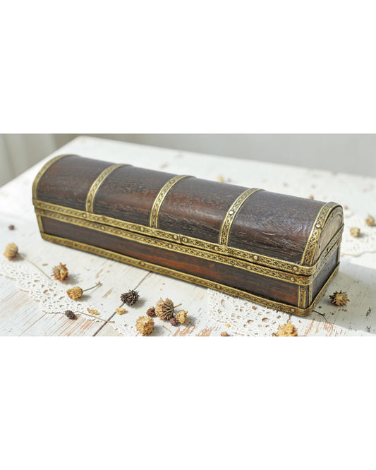 Vintage Wooden Pencil Stationary Box Original Old Hand Crafted Brass Fitted
