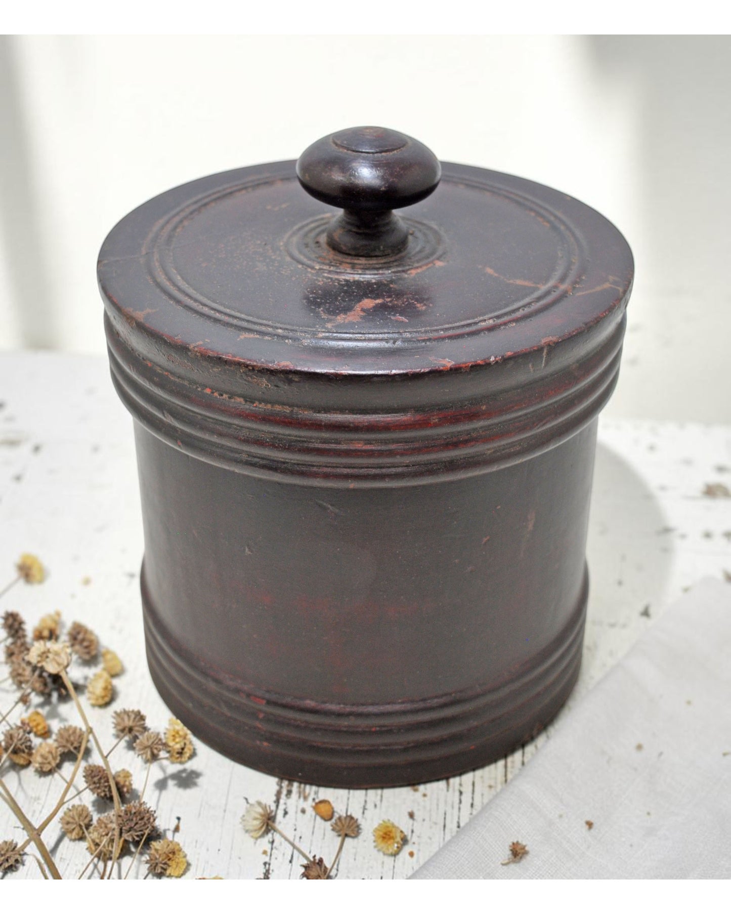 Antique Wooden Kum Kum Powder Tika Box Original Old Hand Carved Lacquer Painted