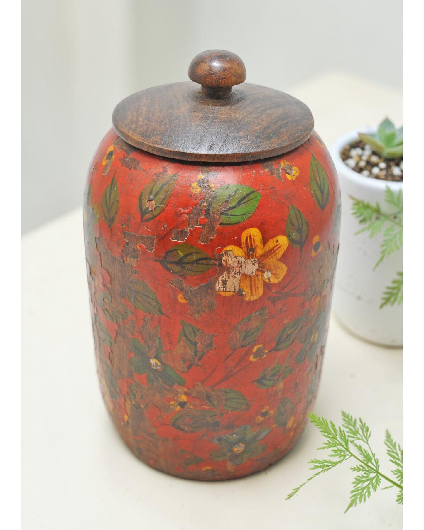 Antique Wooden Kum Kum Powder Tika Box Original Old Hand Carved Lacquer Painted