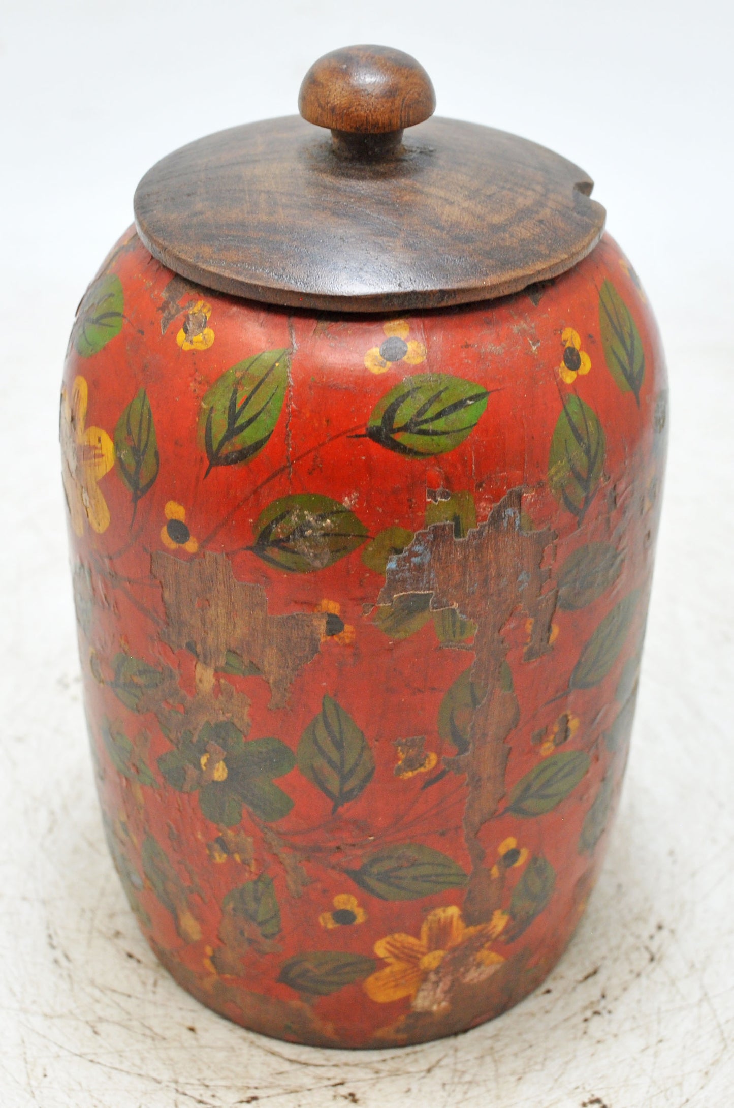Antique Wooden Kum Kum Powder Tika Box Original Old Hand Carved Lacquer Painted