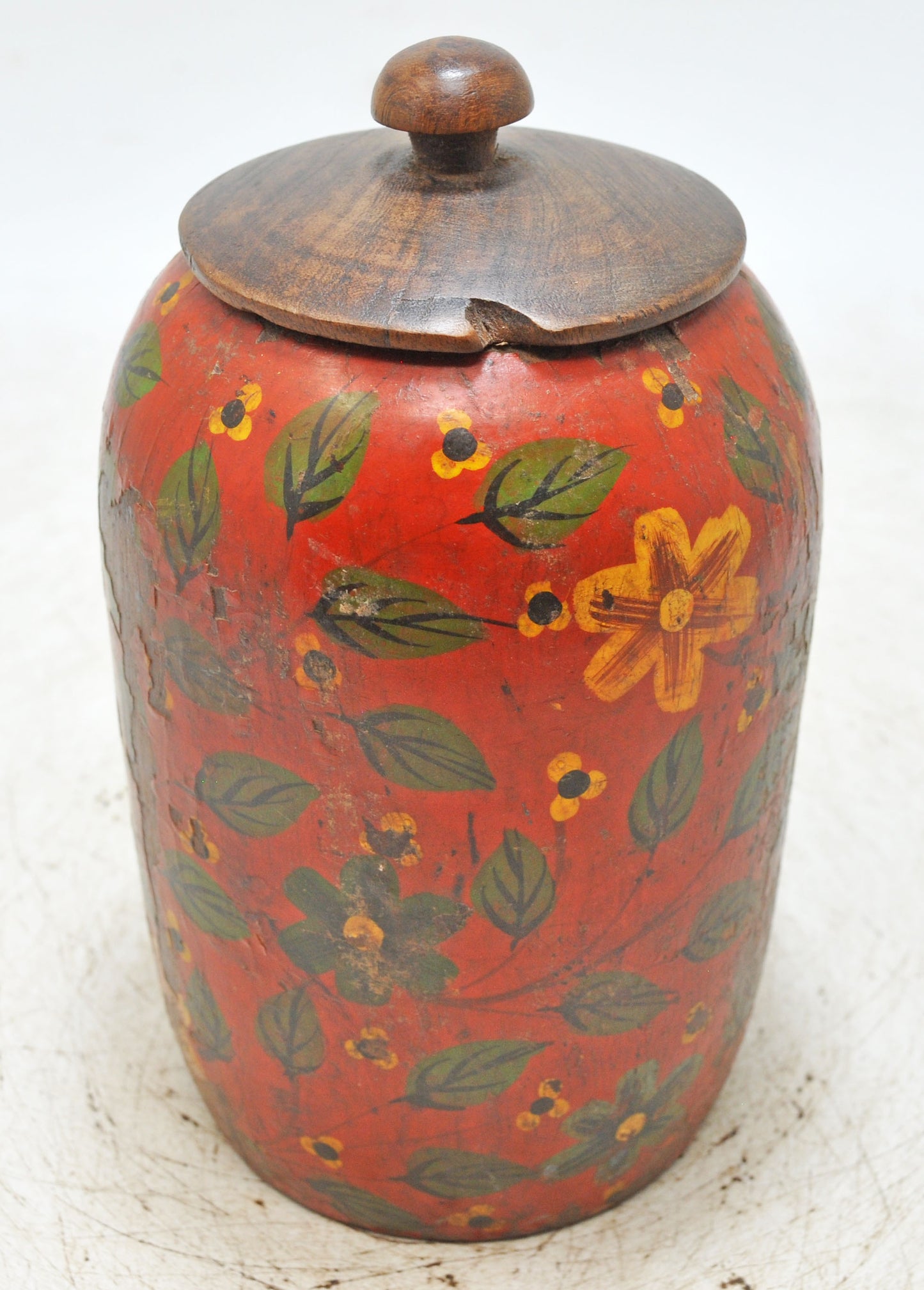 Antique Wooden Kum Kum Powder Tika Box Original Old Hand Carved Lacquer Painted