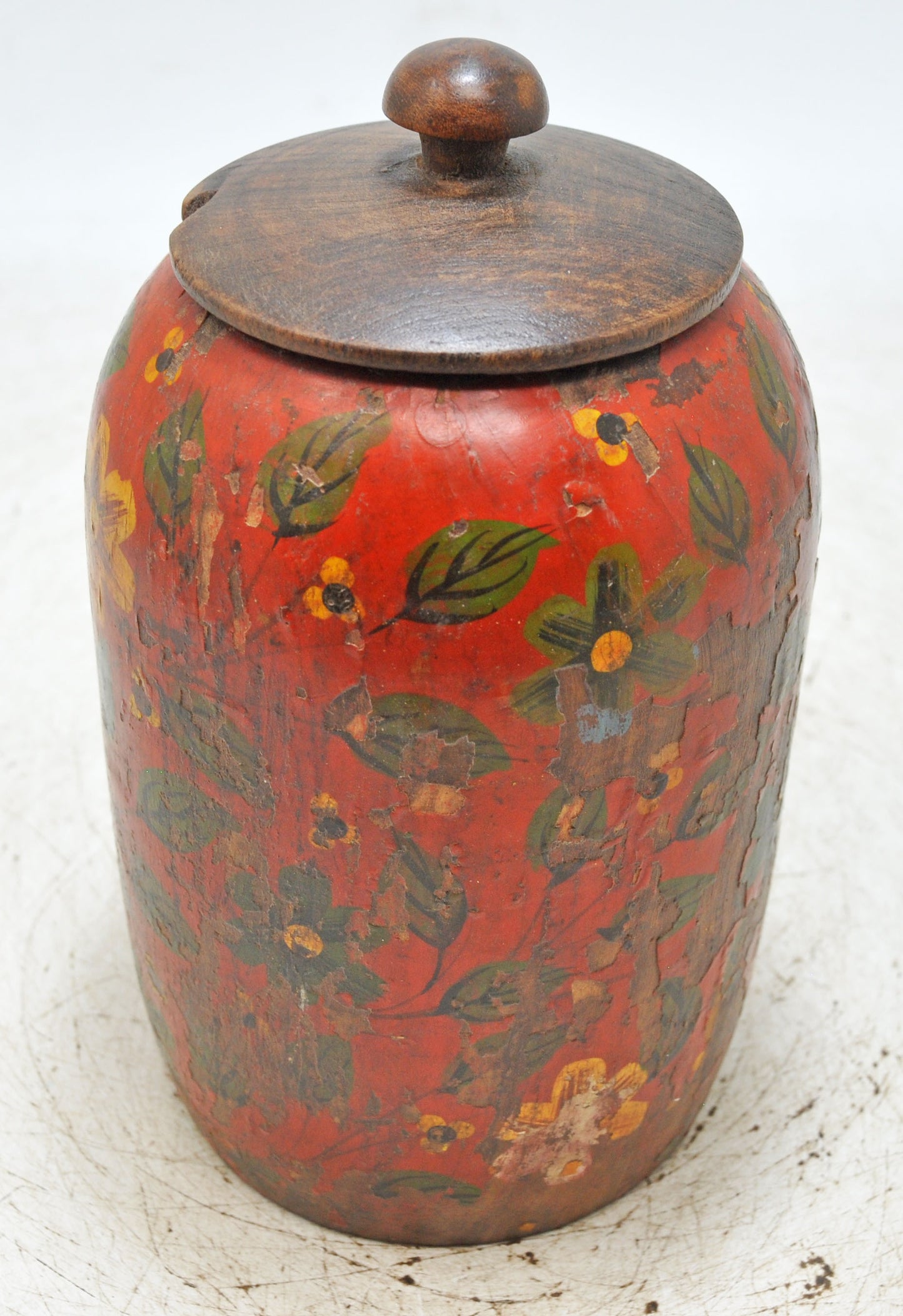 Antique Wooden Kum Kum Powder Tika Box Original Old Hand Carved Lacquer Painted