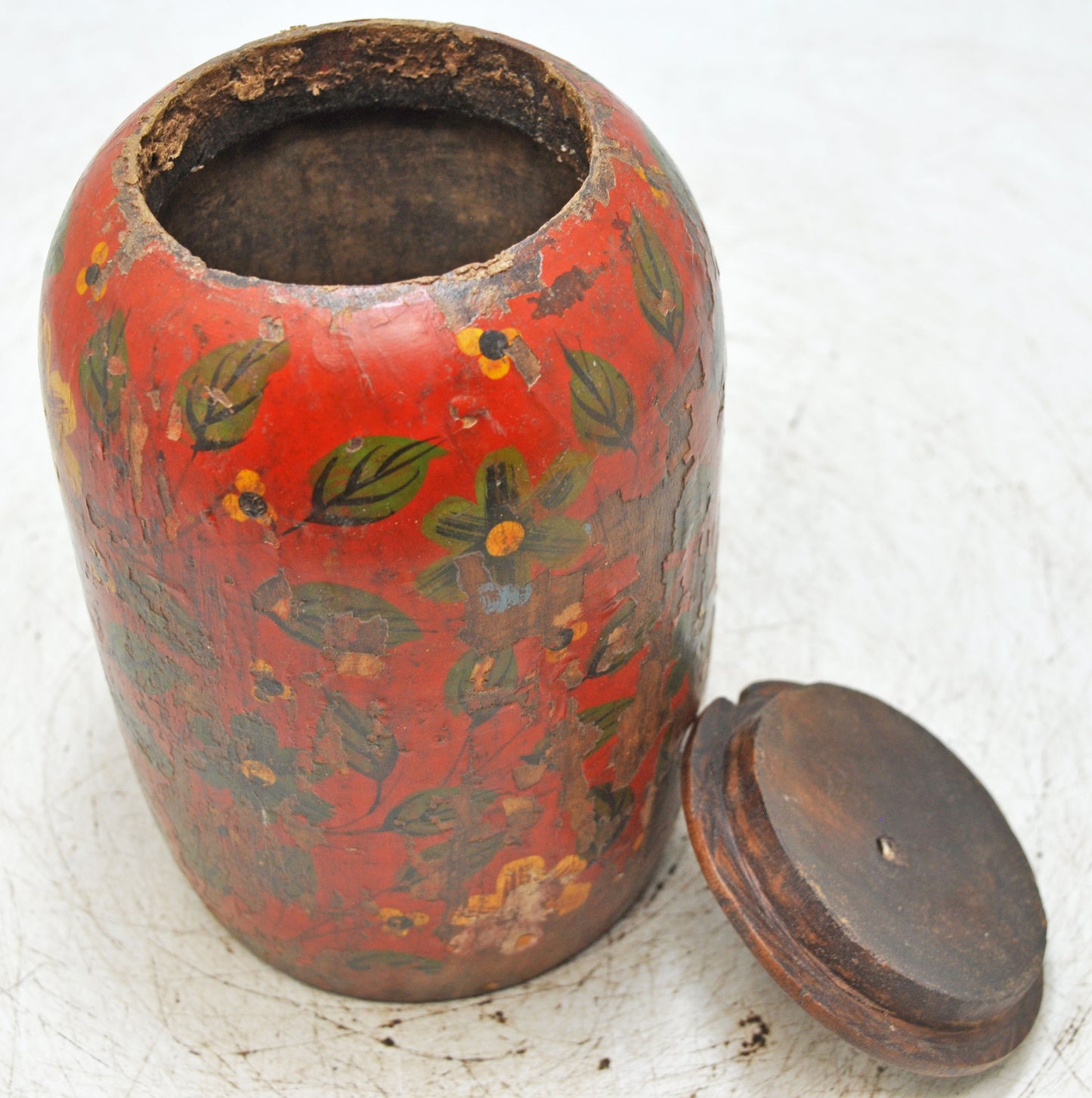 Antique Wooden Kum Kum Powder Tika Box Original Old Hand Carved Lacquer Painted