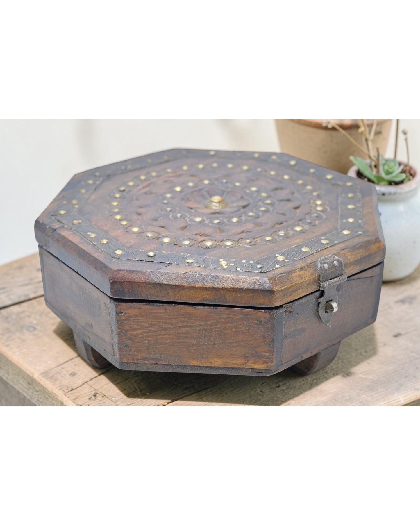 Antique Wooden Octagonal Spice Box Original Old Hand Crafted Brass Fitted