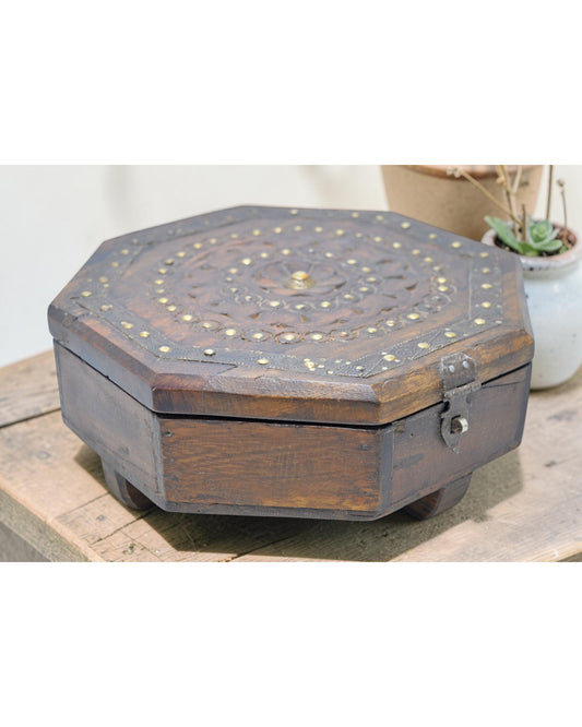 Antique Wooden Octagonal Spice Box Original Old Hand Crafted Brass Fitted
