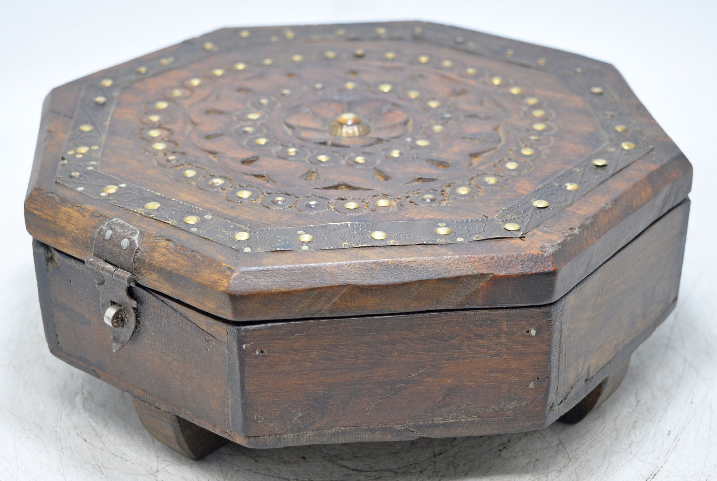 Antique Wooden Octagonal Spice Box Original Old Hand Crafted Brass Fitted