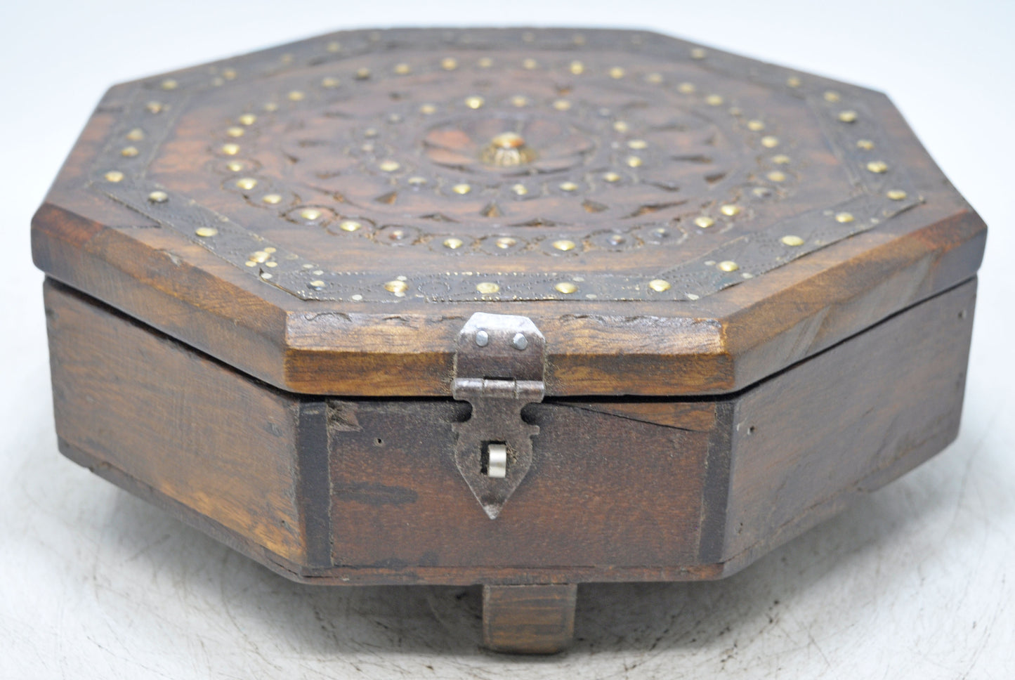 Antique Wooden Octagonal Spice Box Original Old Hand Crafted Brass Fitted