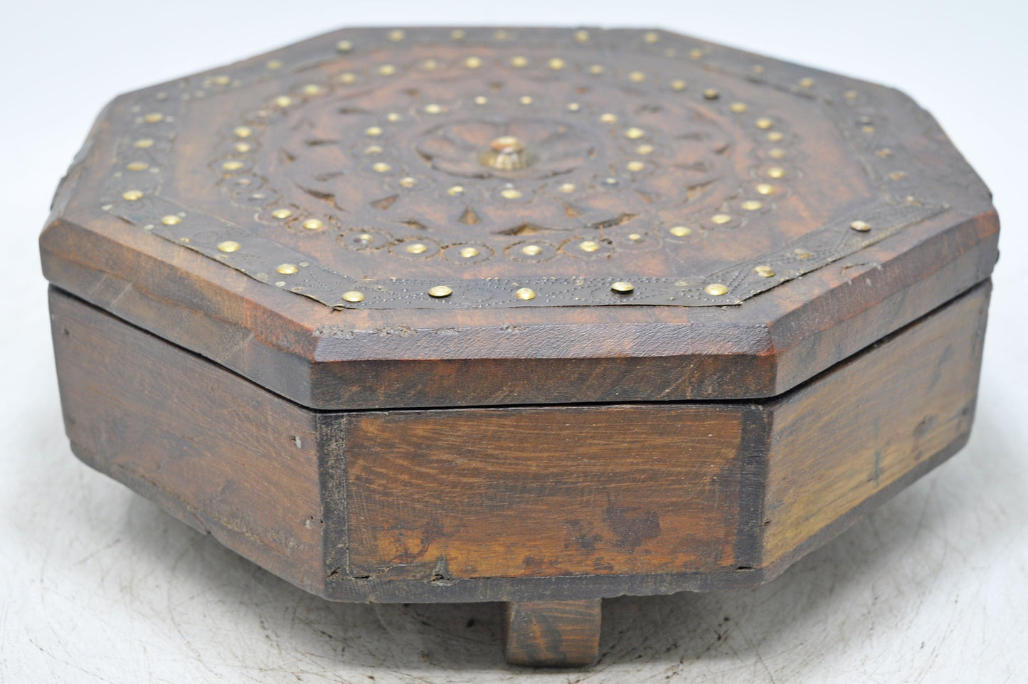Antique Wooden Octagonal Spice Box Original Old Hand Crafted Brass Fitted