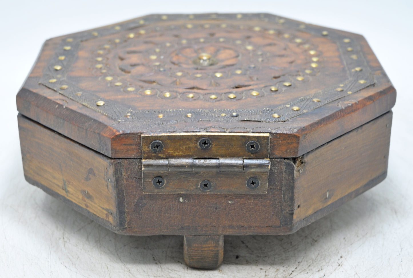 Antique Wooden Octagonal Spice Box Original Old Hand Crafted Brass Fitted