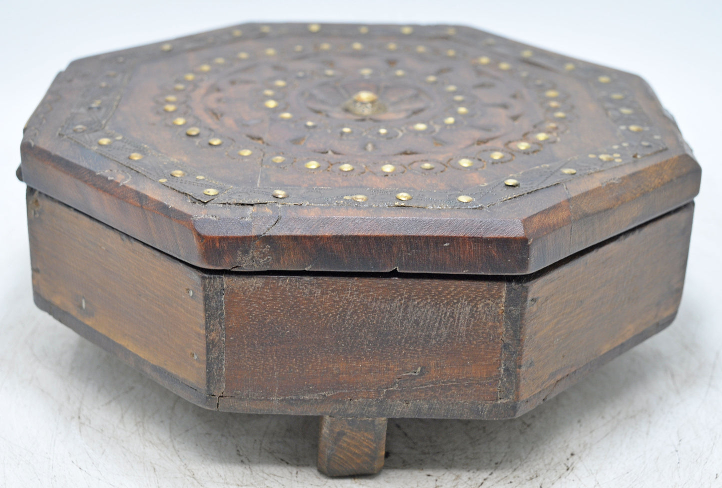 Antique Wooden Octagonal Spice Box Original Old Hand Crafted Brass Fitted