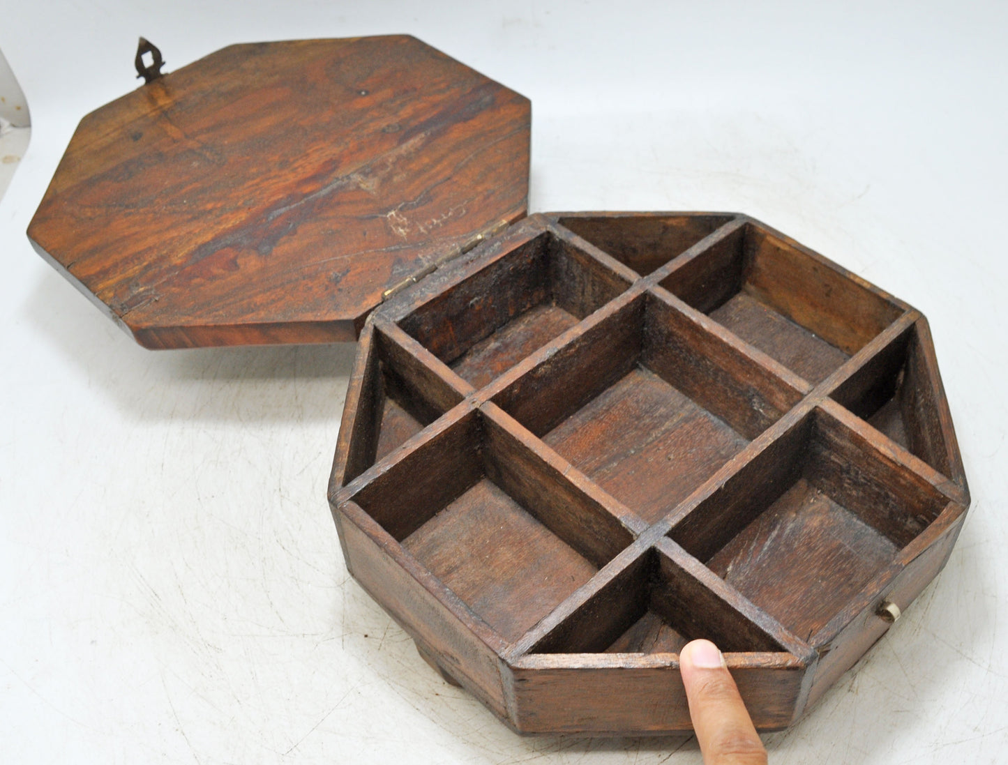 Antique Wooden Octagonal Spice Box Original Old Hand Crafted Brass Fitted