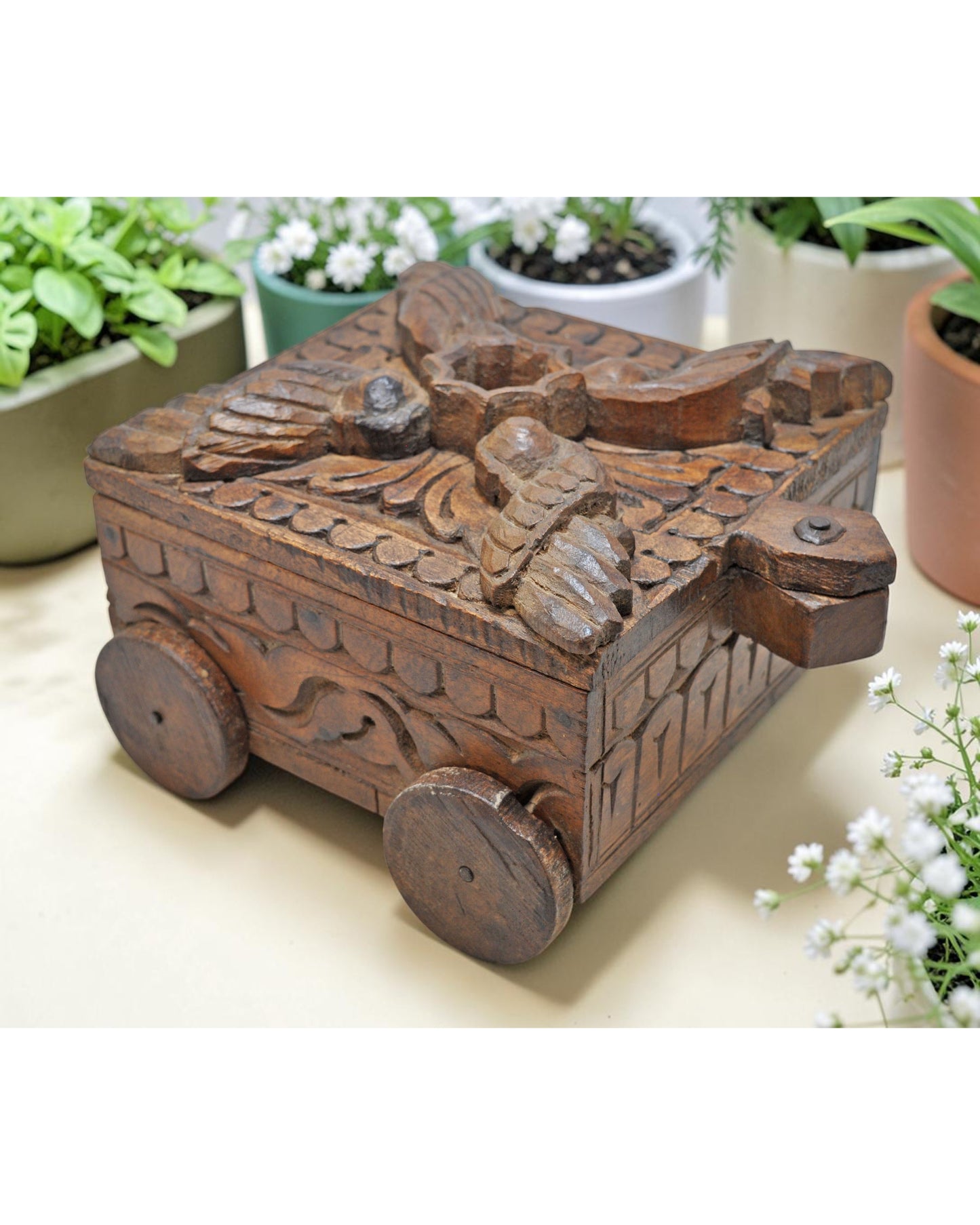 Antique Wooden Spice Box on Wheels Original Old Fine Hand Carved