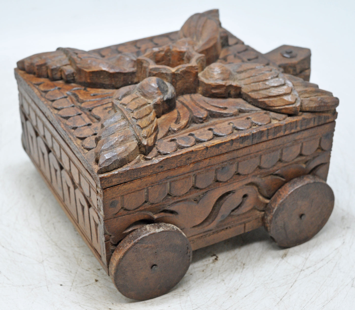 Antique Wooden Spice Box on Wheels Original Old Fine Hand Carved