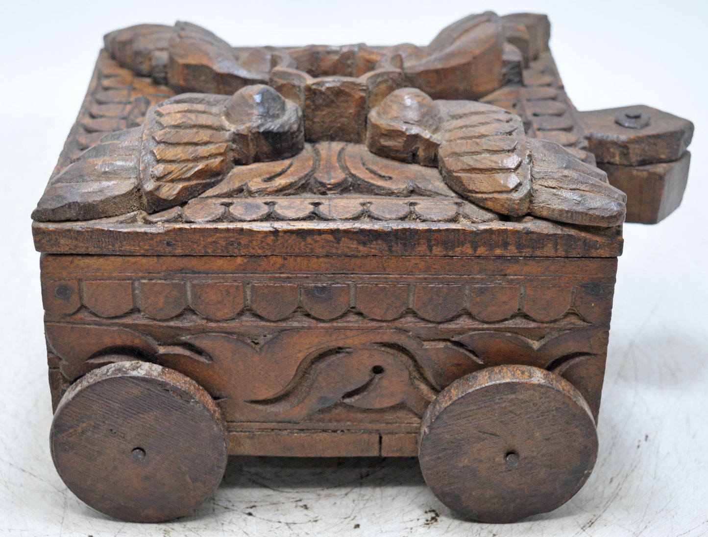 Antique Wooden Spice Box on Wheels Original Old Fine Hand Carved