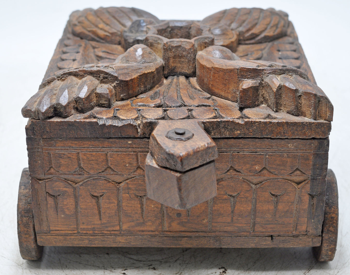 Antique Wooden Spice Box on Wheels Original Old Fine Hand Carved