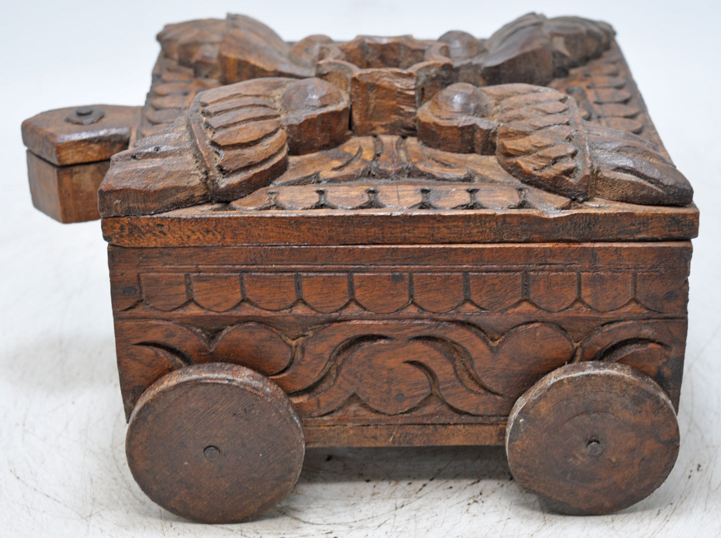 Antique Wooden Spice Box on Wheels Original Old Fine Hand Carved