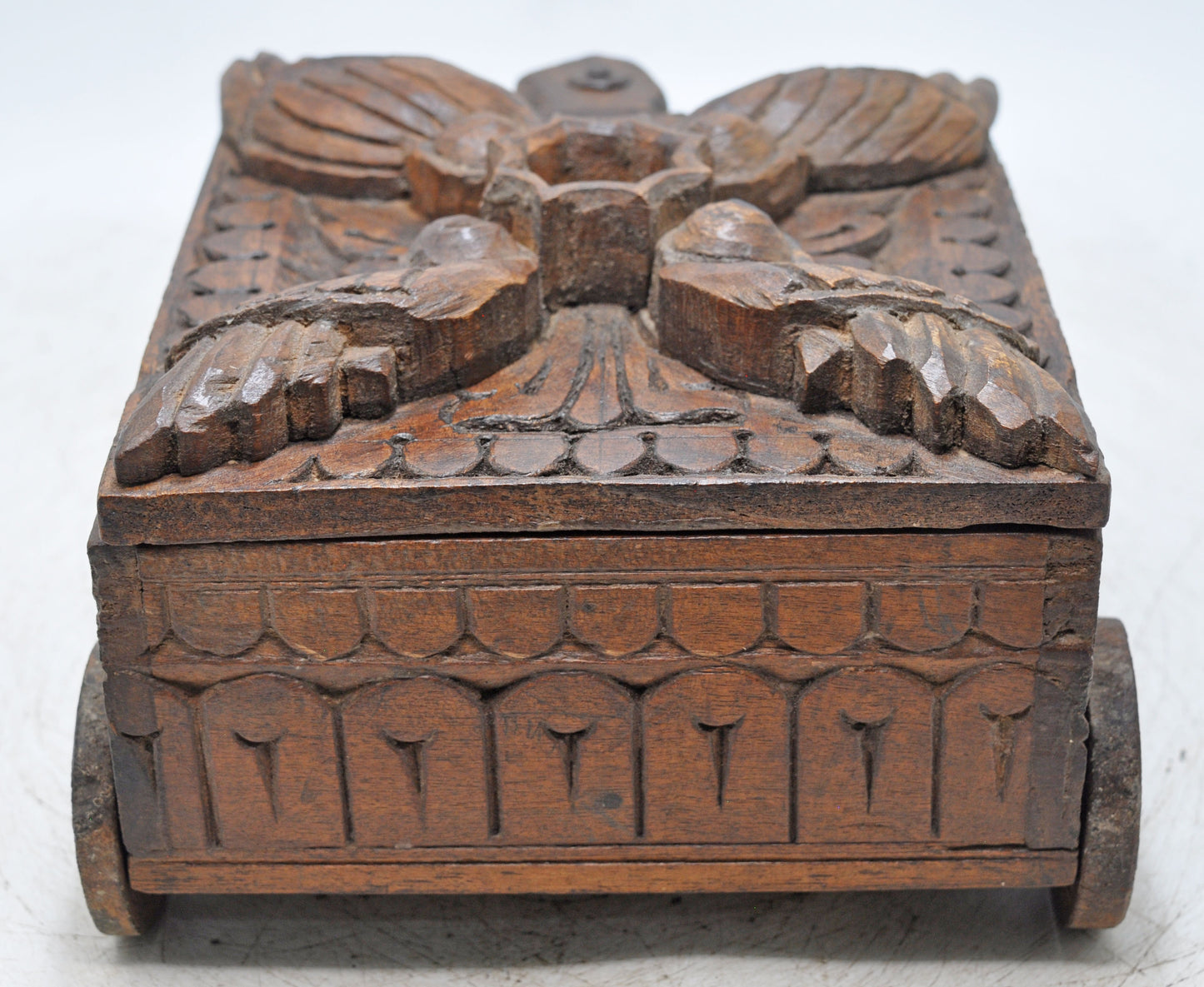 Antique Wooden Spice Box on Wheels Original Old Fine Hand Carved