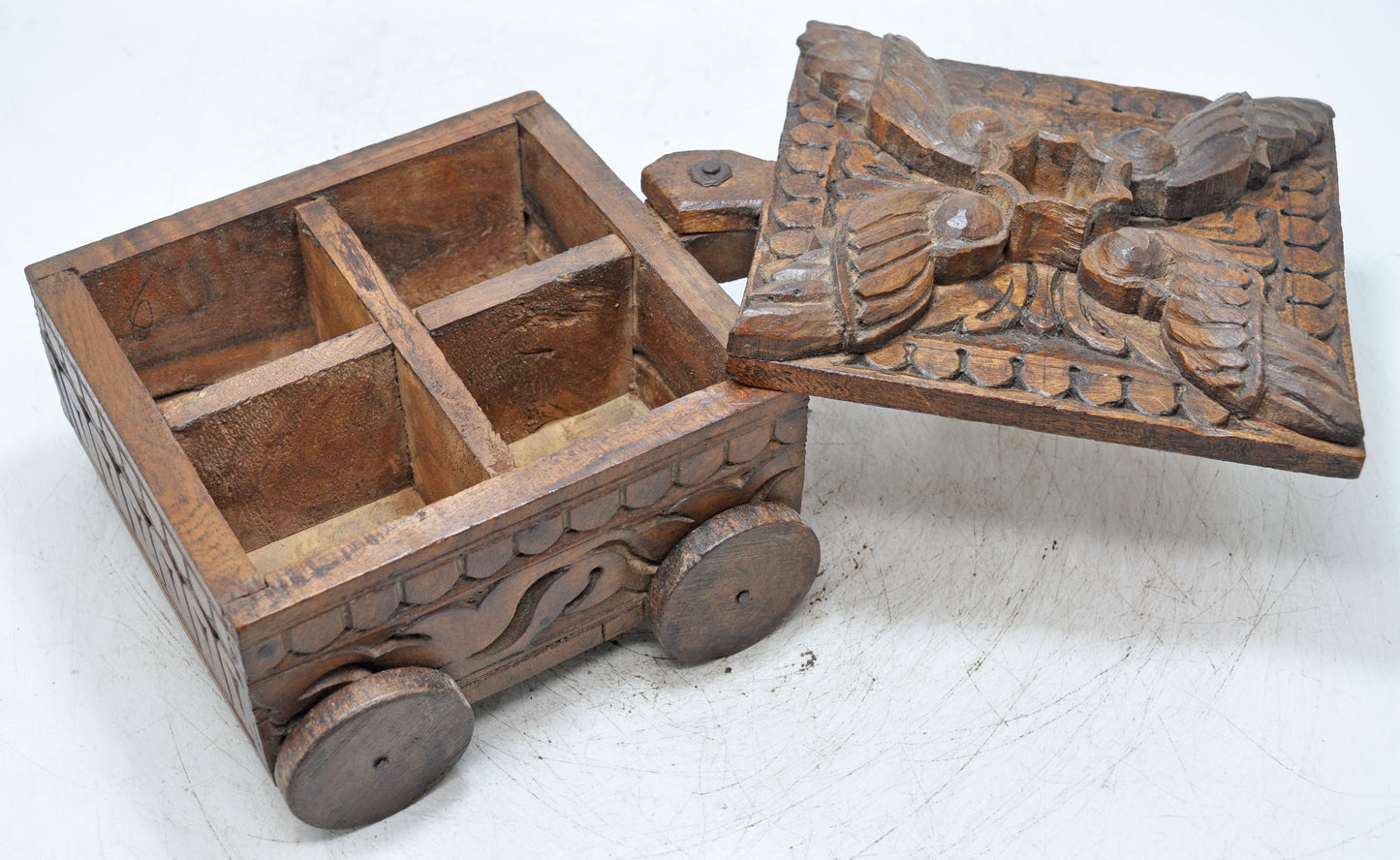 Antique Wooden Spice Box on Wheels Original Old Fine Hand Carved