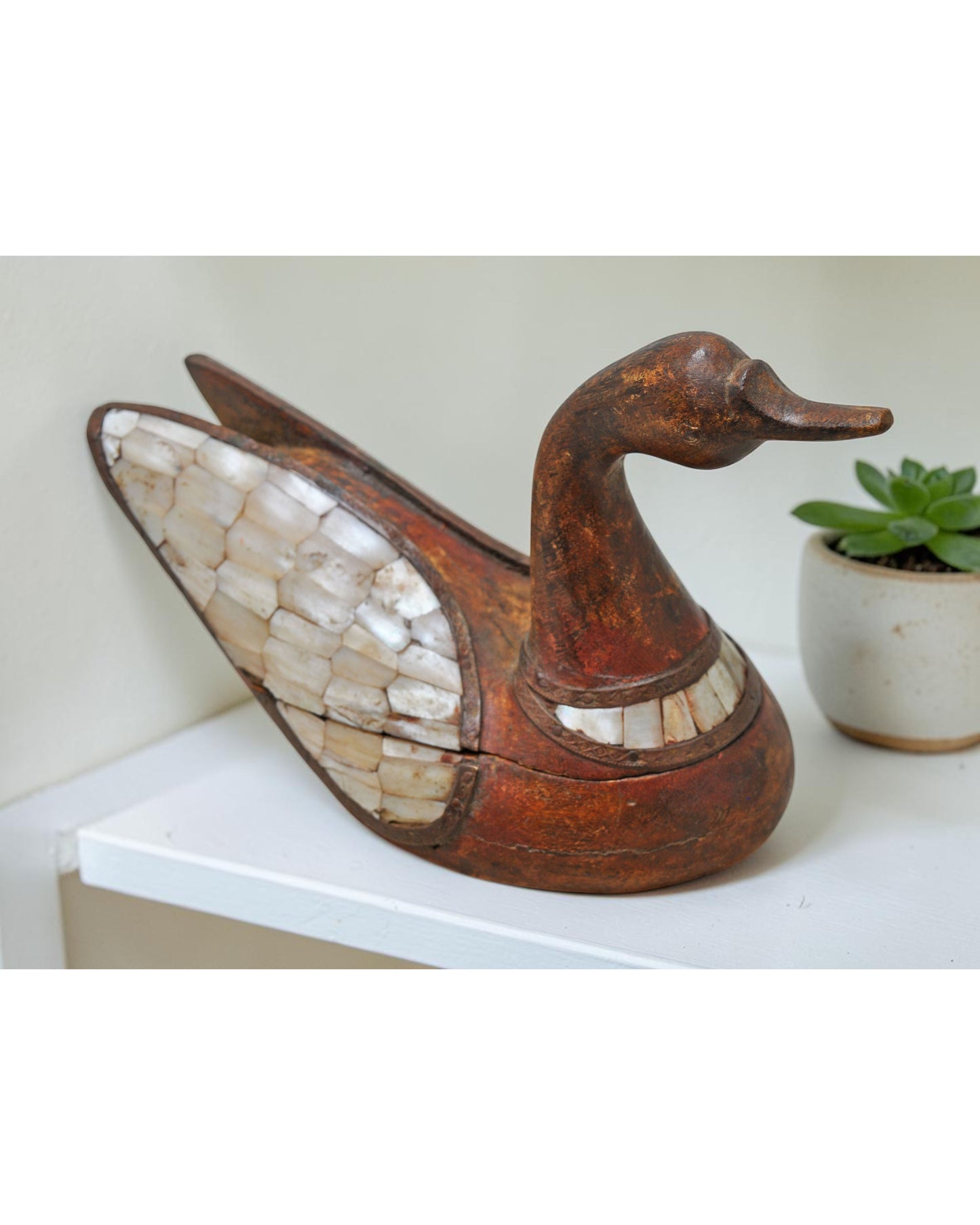 Vintage Wooden Duck Figurine Original Old Hand Carved MOP Fitted