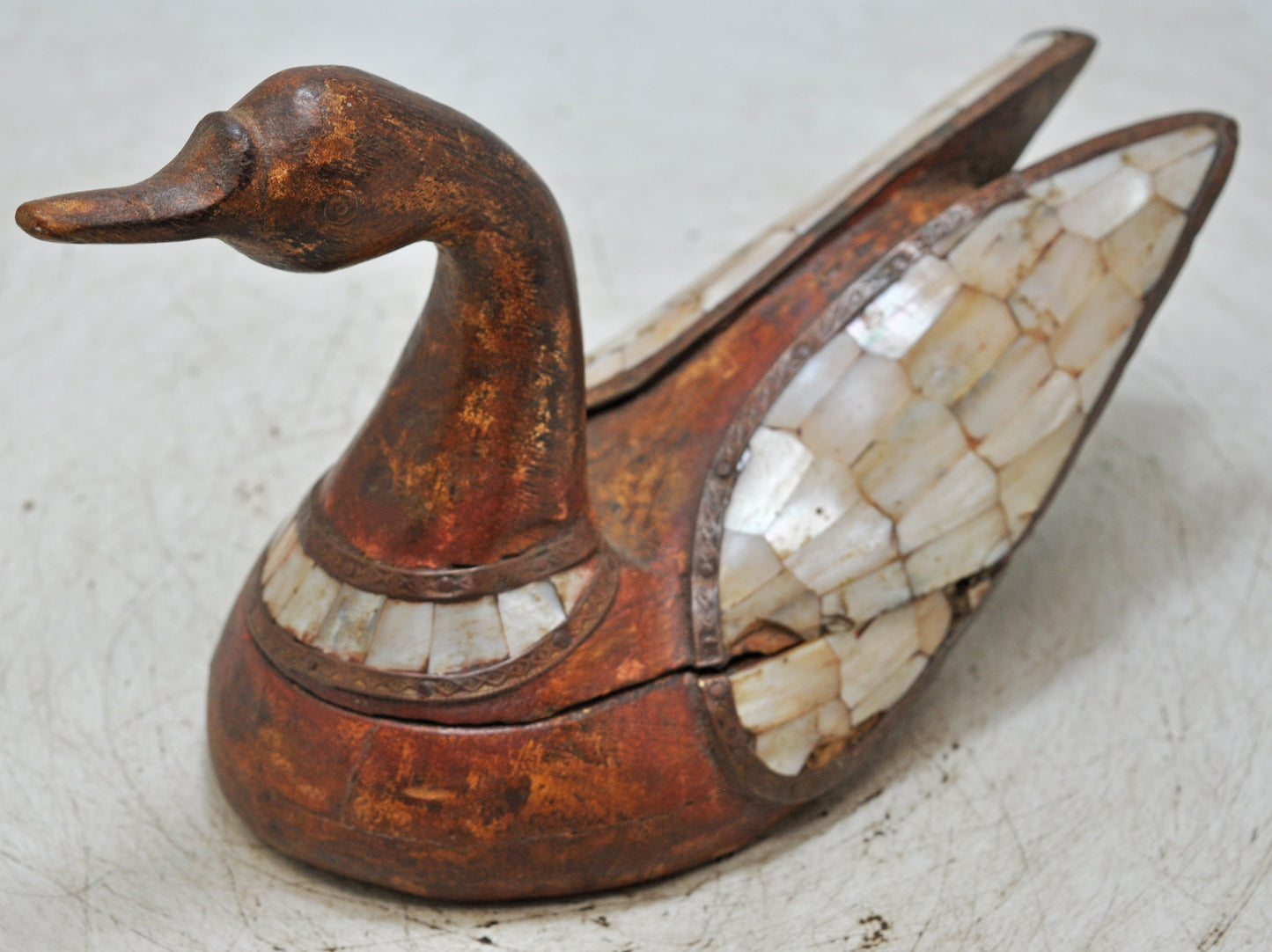 Vintage Wooden Duck Figurine Original Old Hand Carved MOP Fitted