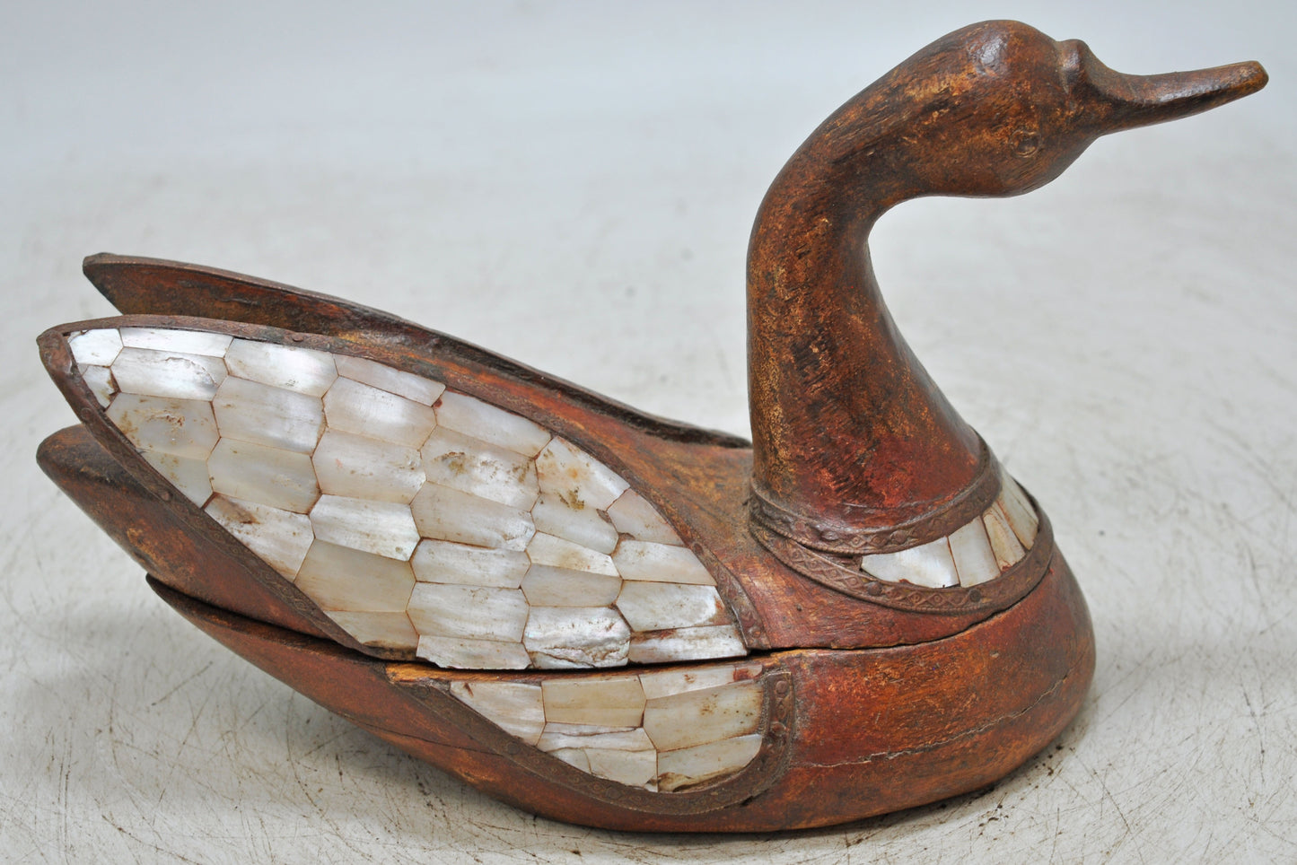Vintage Wooden Duck Figurine Original Old Hand Carved MOP Fitted