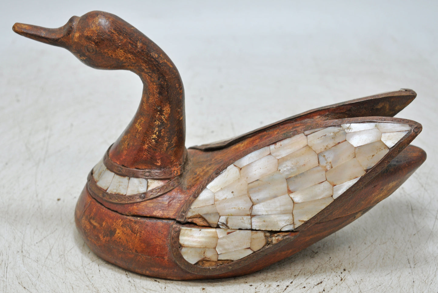 Vintage Wooden Duck Figurine Original Old Hand Carved MOP Fitted