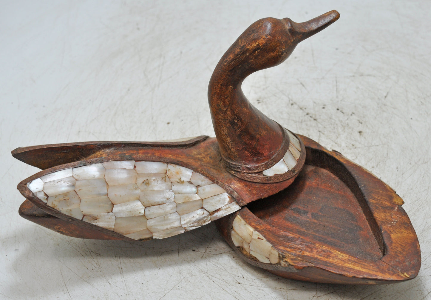 Vintage Wooden Duck Figurine Original Old Hand Carved MOP Fitted