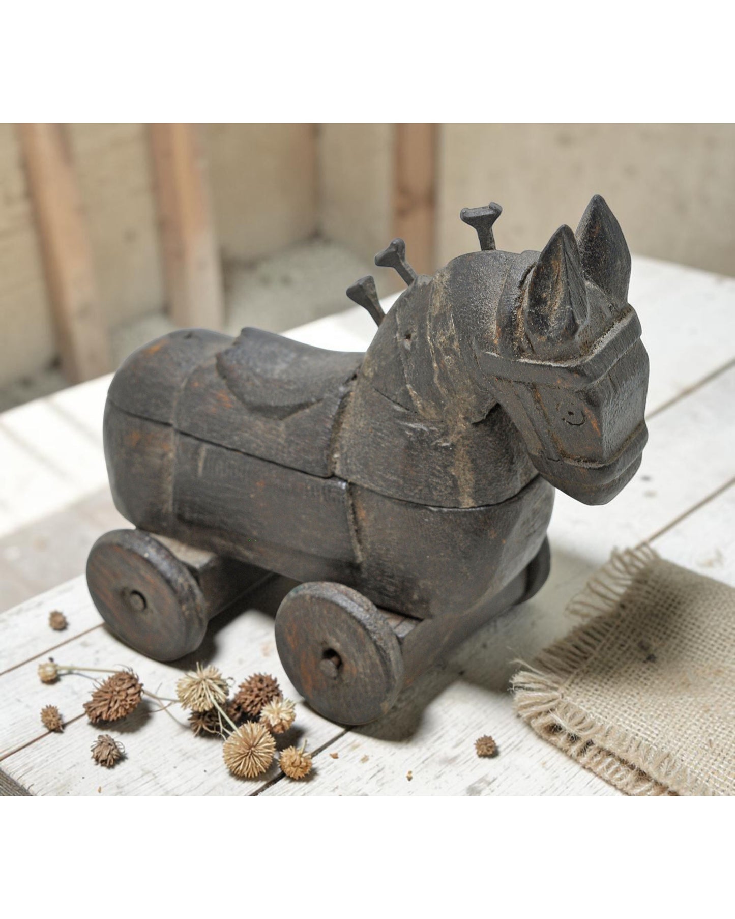 Vintage Wooden Horse on Wheels Figurine Spice Box Original Old Hand Carved