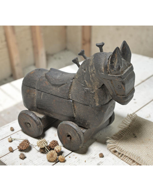 Vintage Wooden Horse on Wheels Figurine Spice Box Original Old Hand Carved