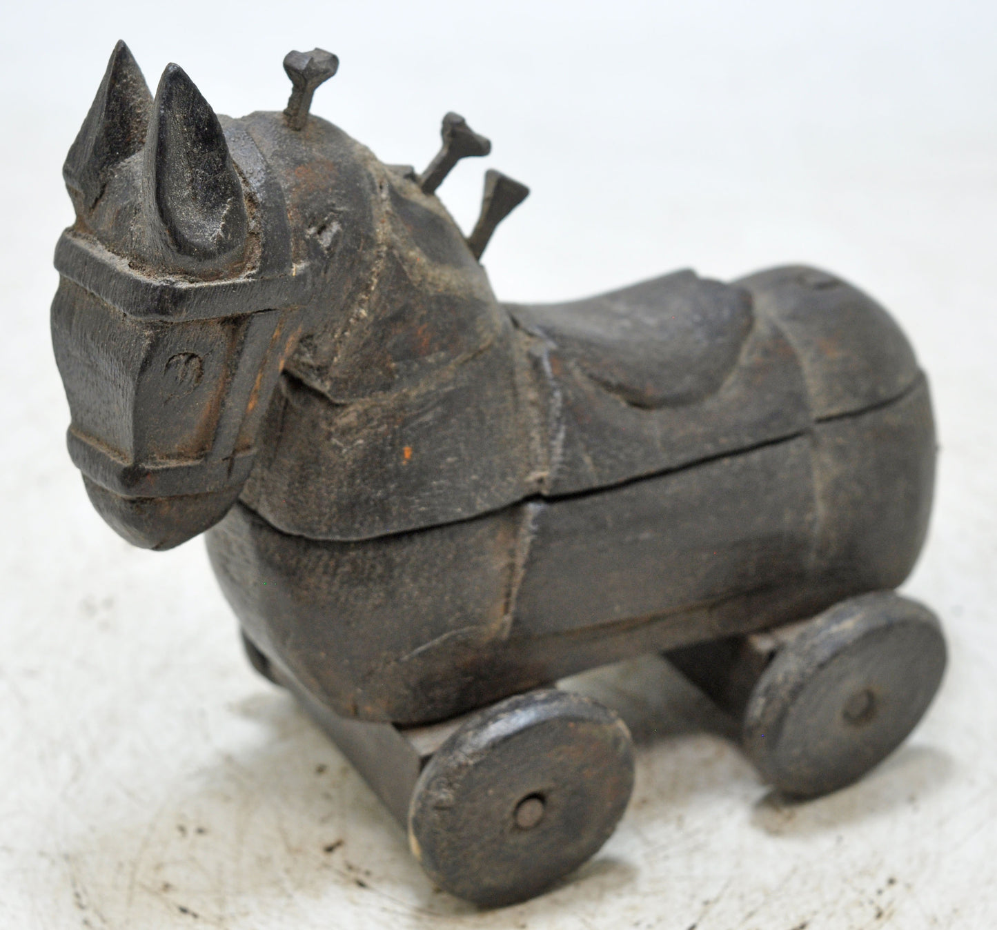Vintage Wooden Horse on Wheels Figurine Spice Box Original Old Hand Carved