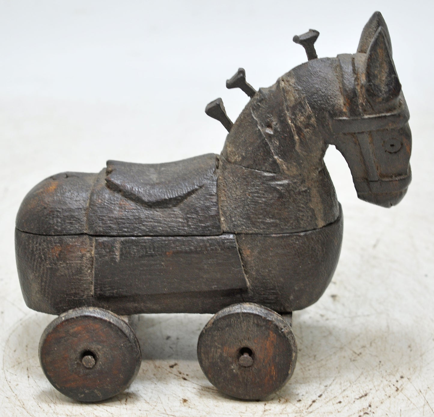 Vintage Wooden Horse on Wheels Figurine Spice Box Original Old Hand Carved