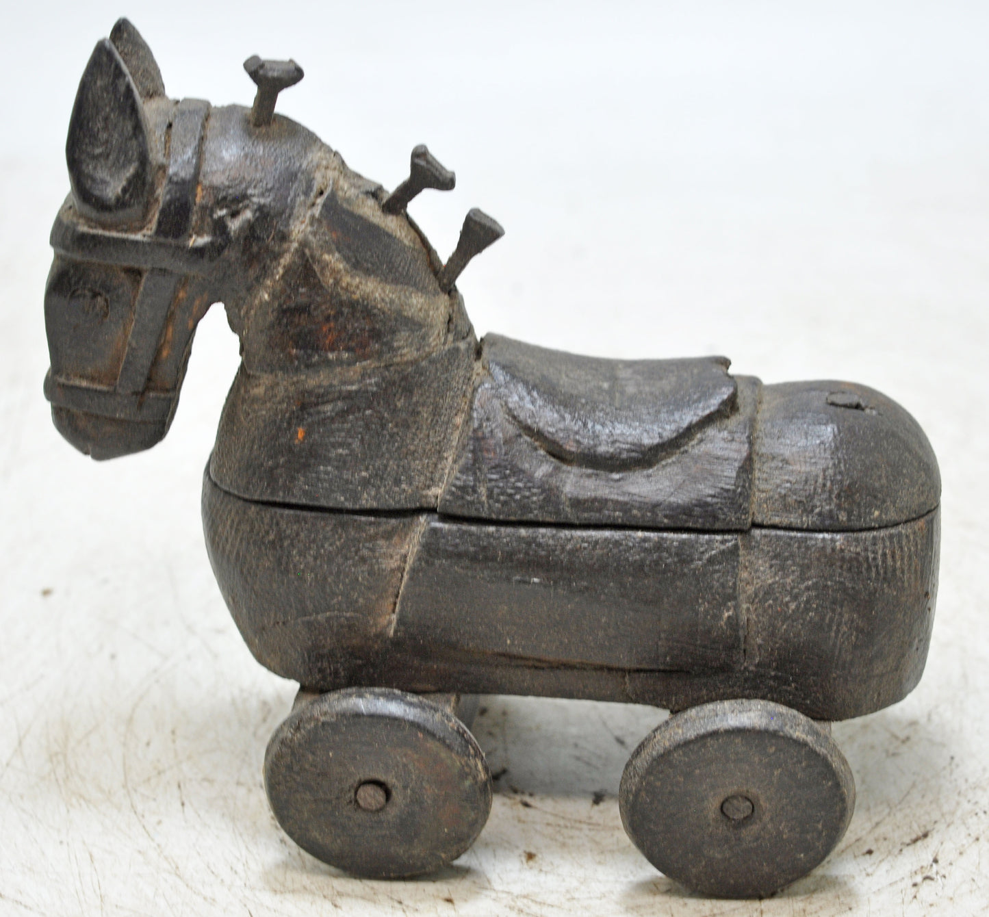 Vintage Wooden Horse on Wheels Figurine Spice Box Original Old Hand Carved