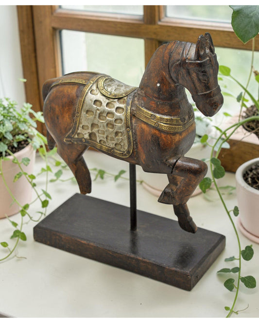 Vintage Wooden Horse Figurine on Stand Original Old Hand Carved Brass Fitted