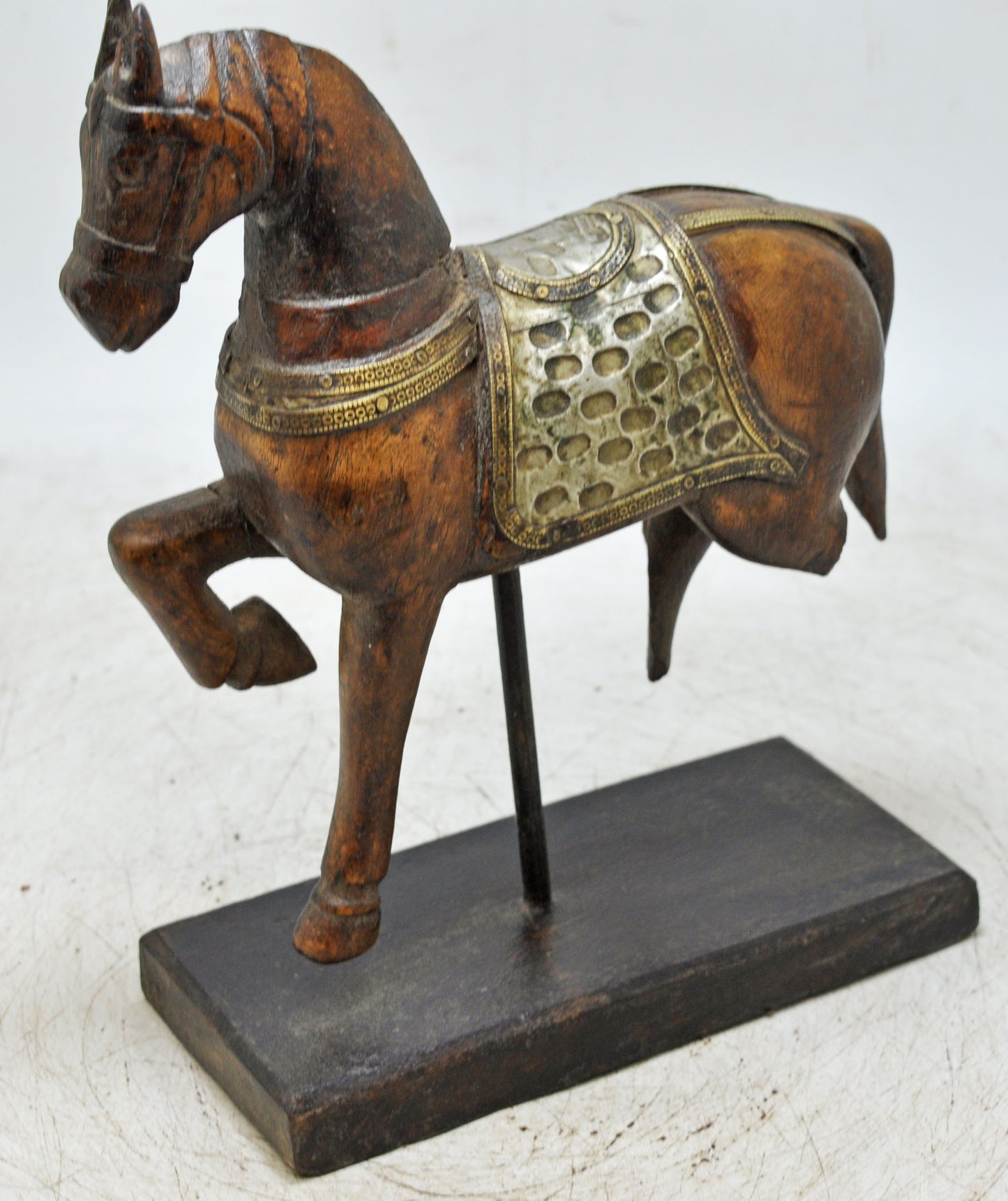 Vintage Wooden Horse Figurine on Stand Original Old Hand Carved Brass Fitted