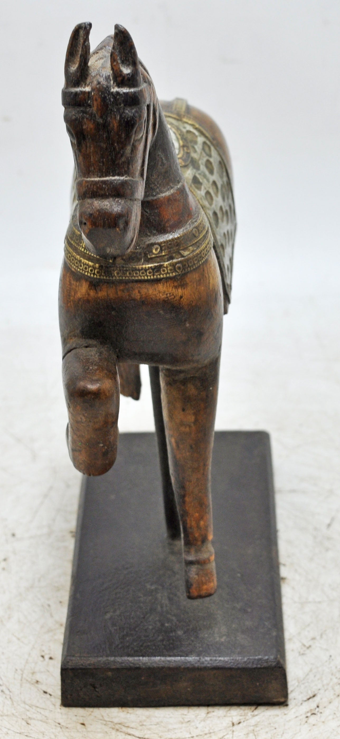 Vintage Wooden Horse Figurine on Stand Original Old Hand Carved Brass Fitted