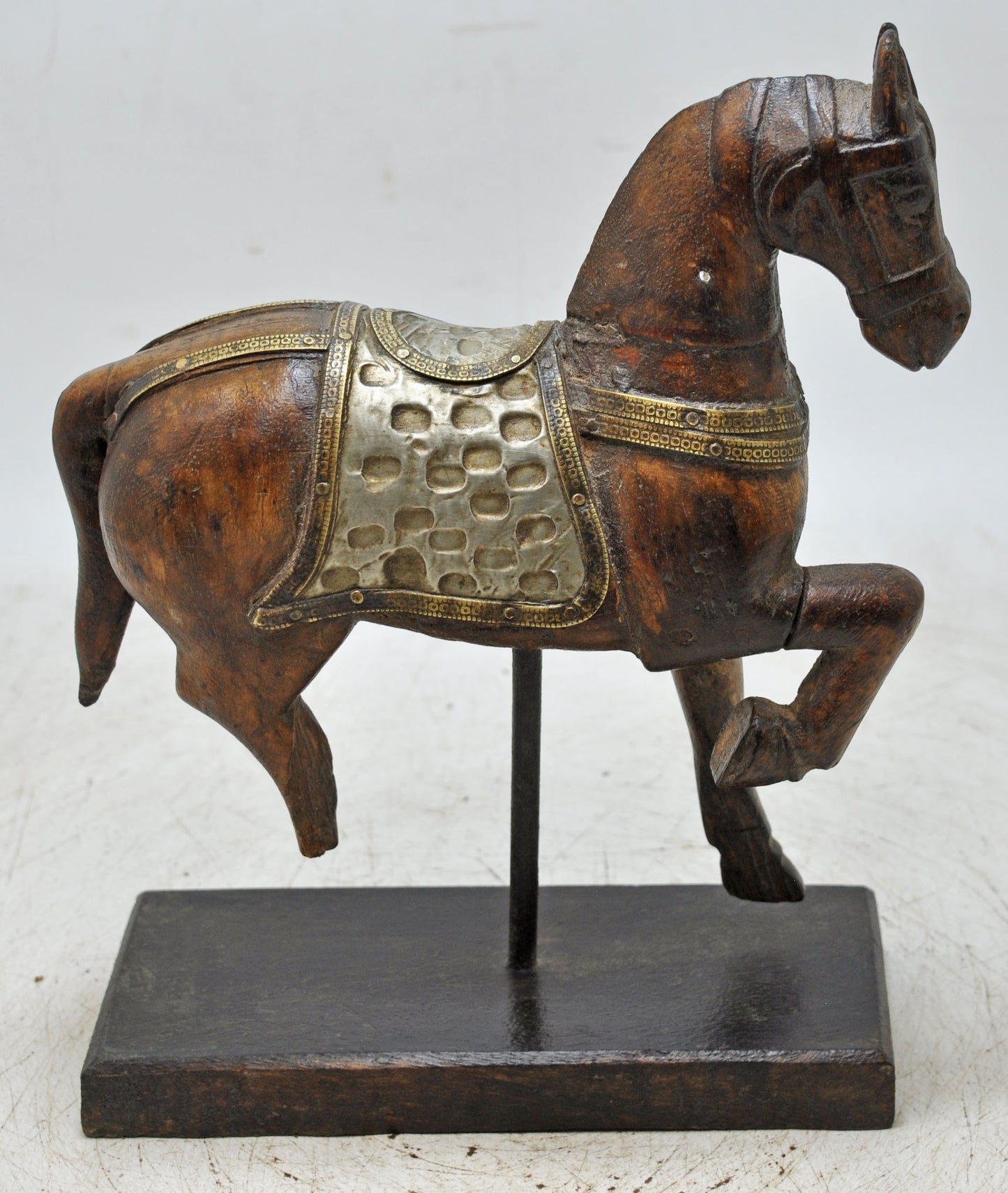 Vintage Wooden Horse Figurine on Stand Original Old Hand Carved Brass Fitted
