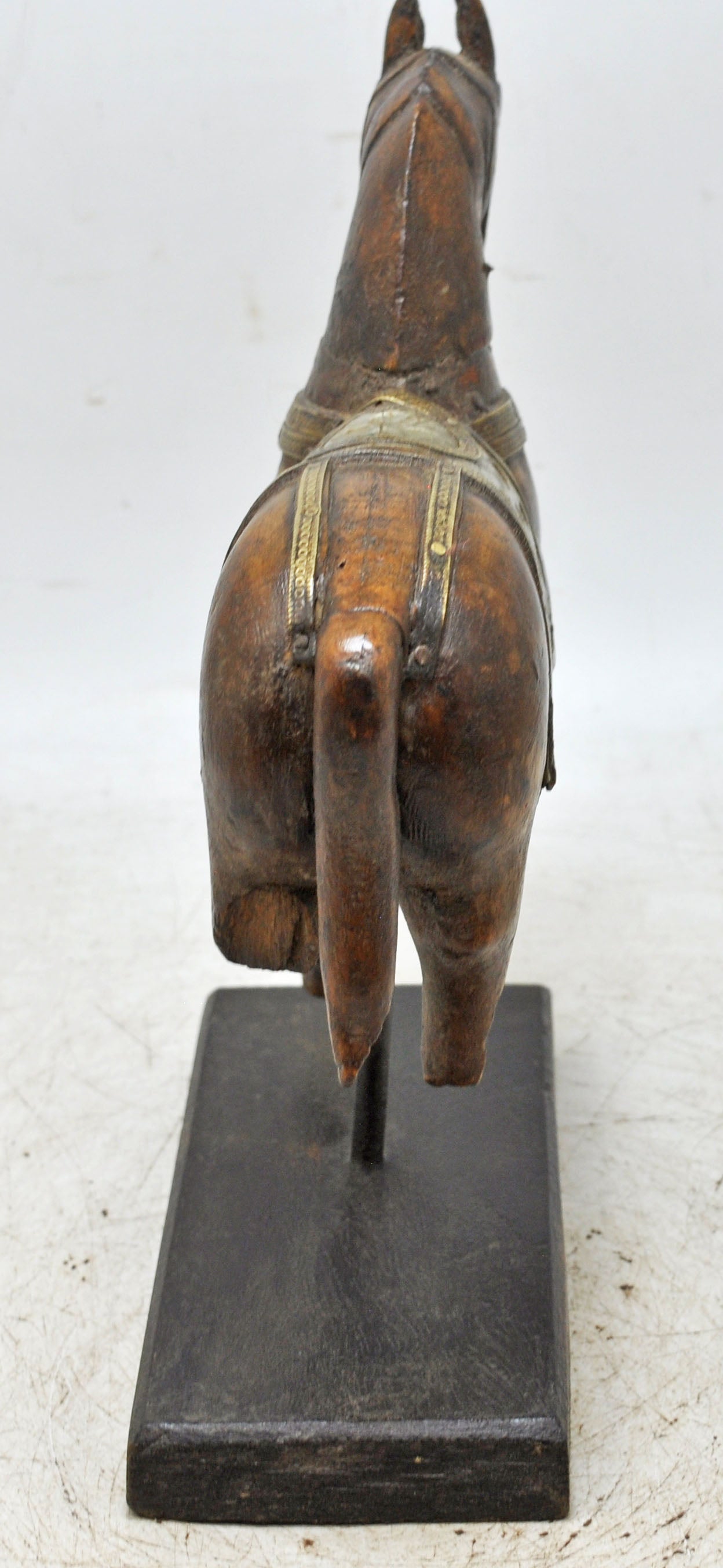 Vintage Wooden Horse Figurine on Stand Original Old Hand Carved Brass Fitted