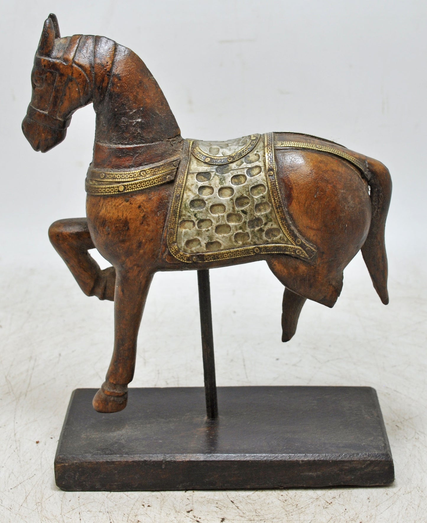 Vintage Wooden Horse Figurine on Stand Original Old Hand Carved Brass Fitted