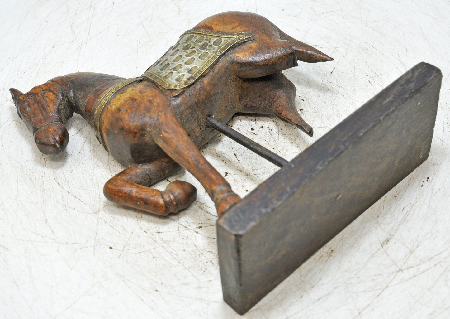 Vintage Wooden Horse Figurine on Stand Original Old Hand Carved Brass Fitted