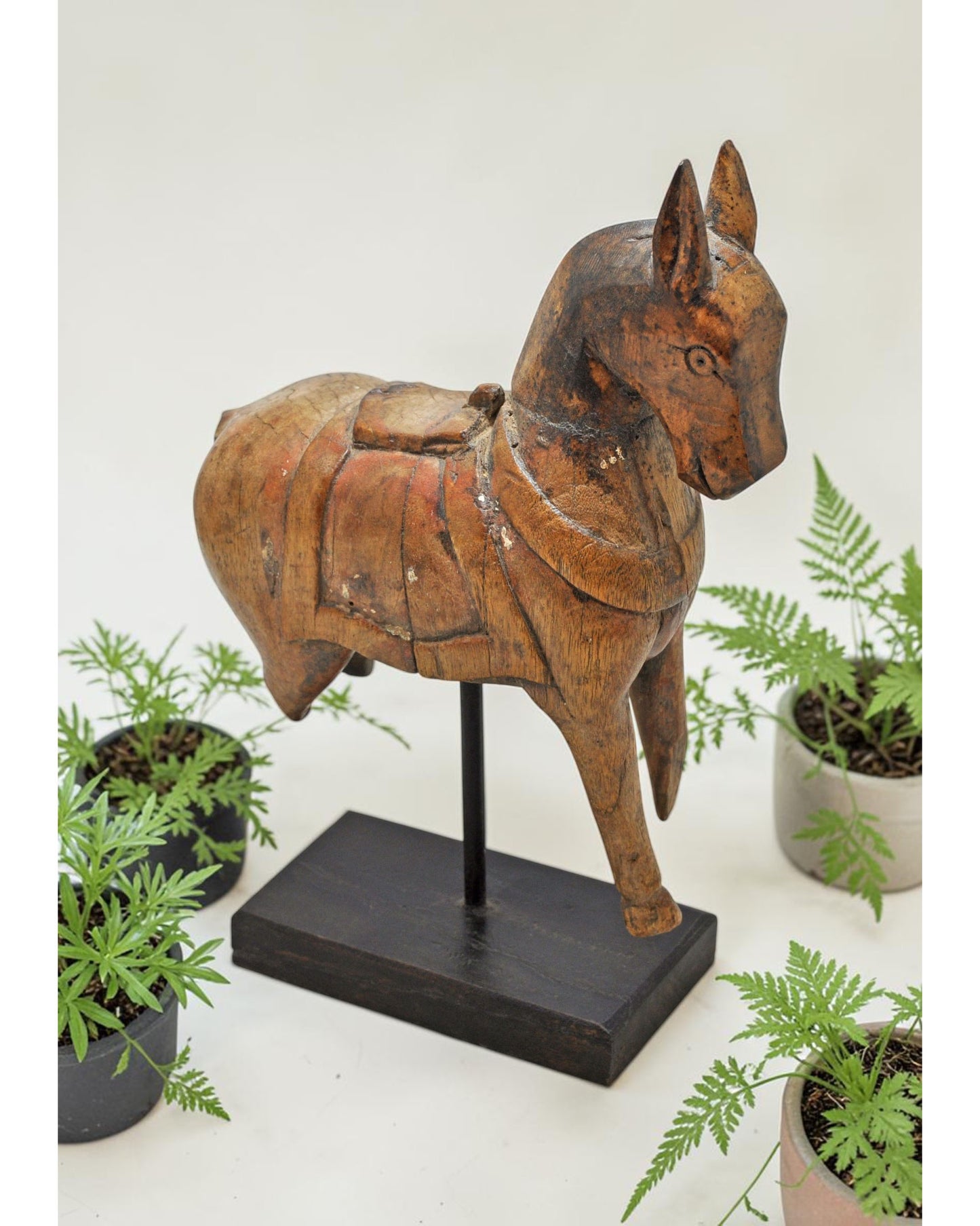 Vintage Wooden Horse Figurine on Stand Original Old Hand Carved