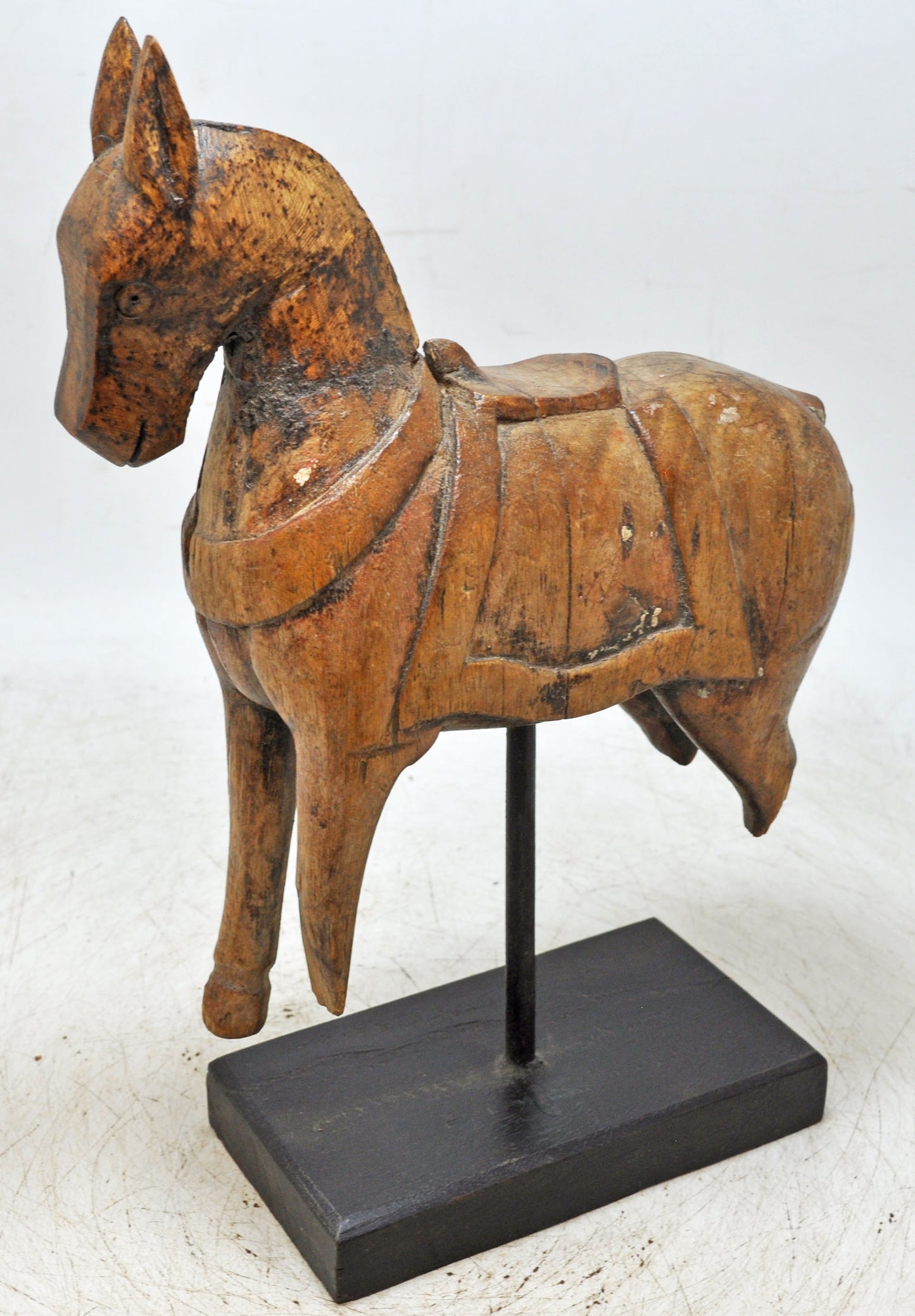 Vintage Wooden Horse Figurine on Stand Original Old Hand Carved