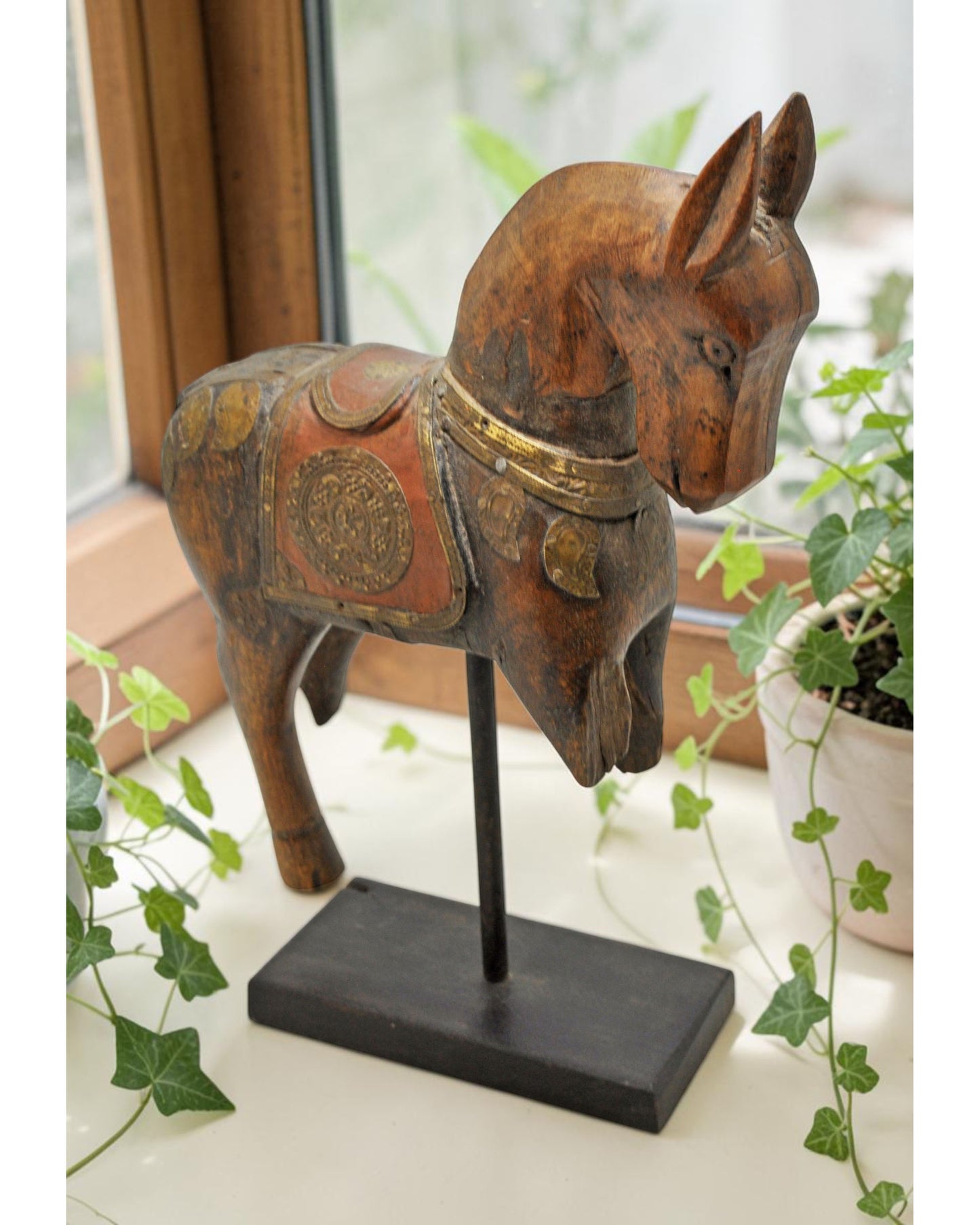 Vintage Wooden Horse Figurine on Stand Original Old Hand Carved Brass Fitted