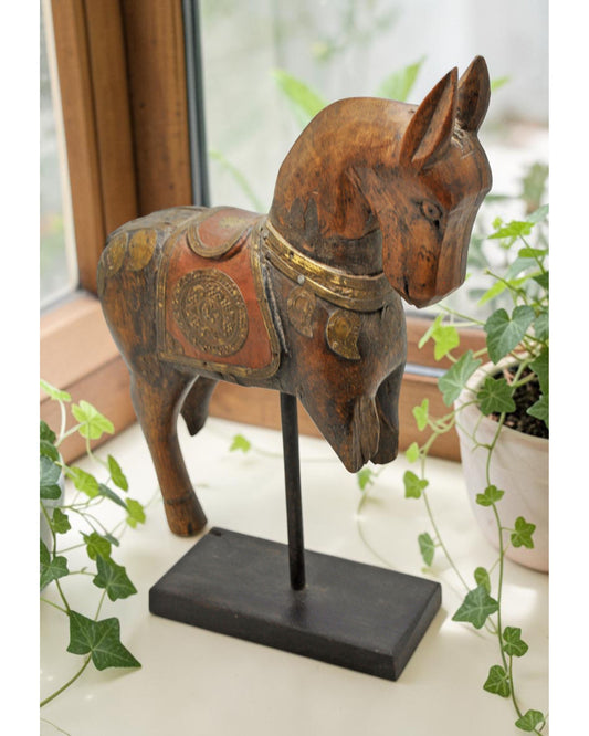 Vintage Wooden Horse Figurine on Stand Original Old Hand Carved Brass Fitted