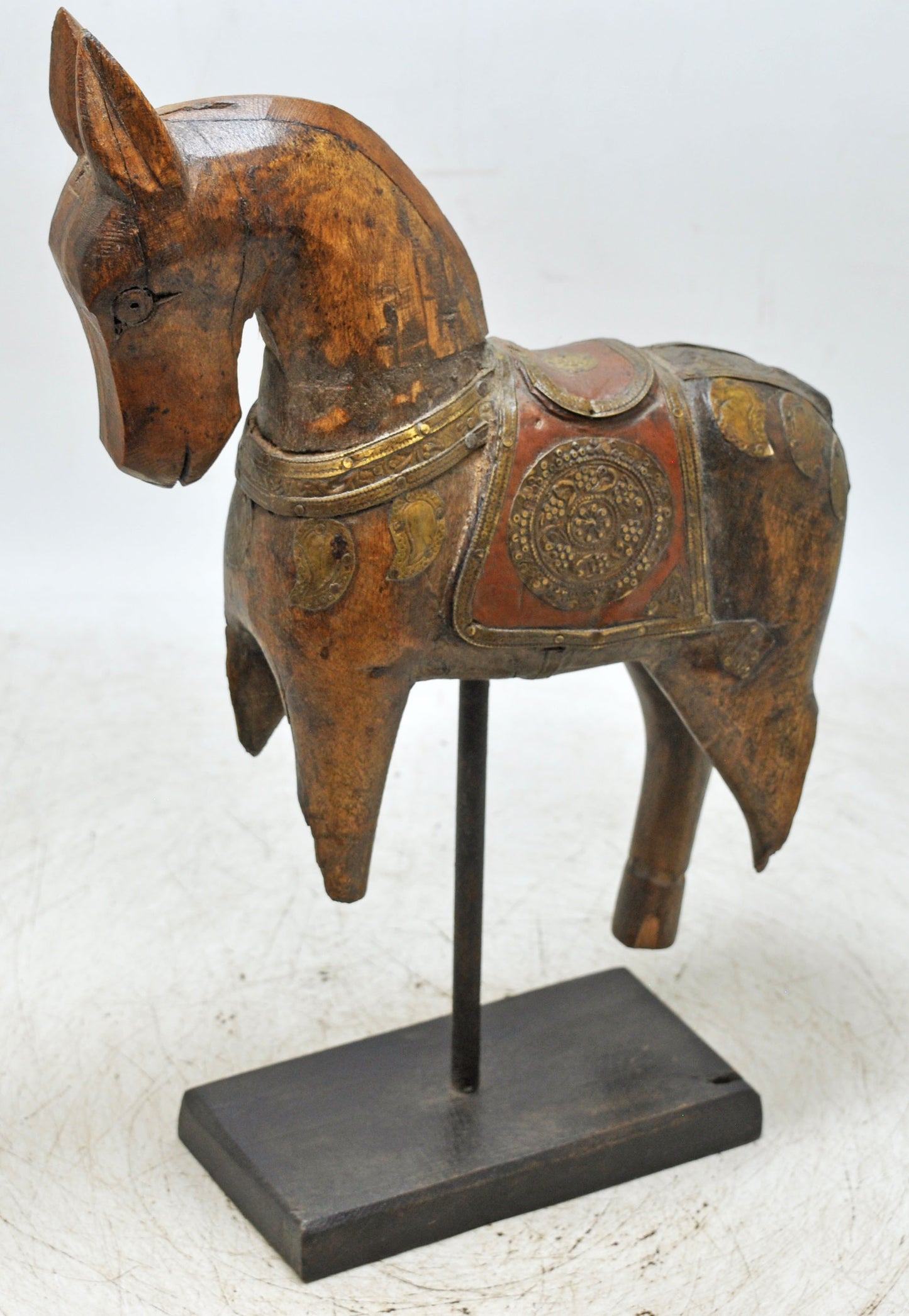 Vintage Wooden Horse Figurine on Stand Original Old Hand Carved Brass Fitted