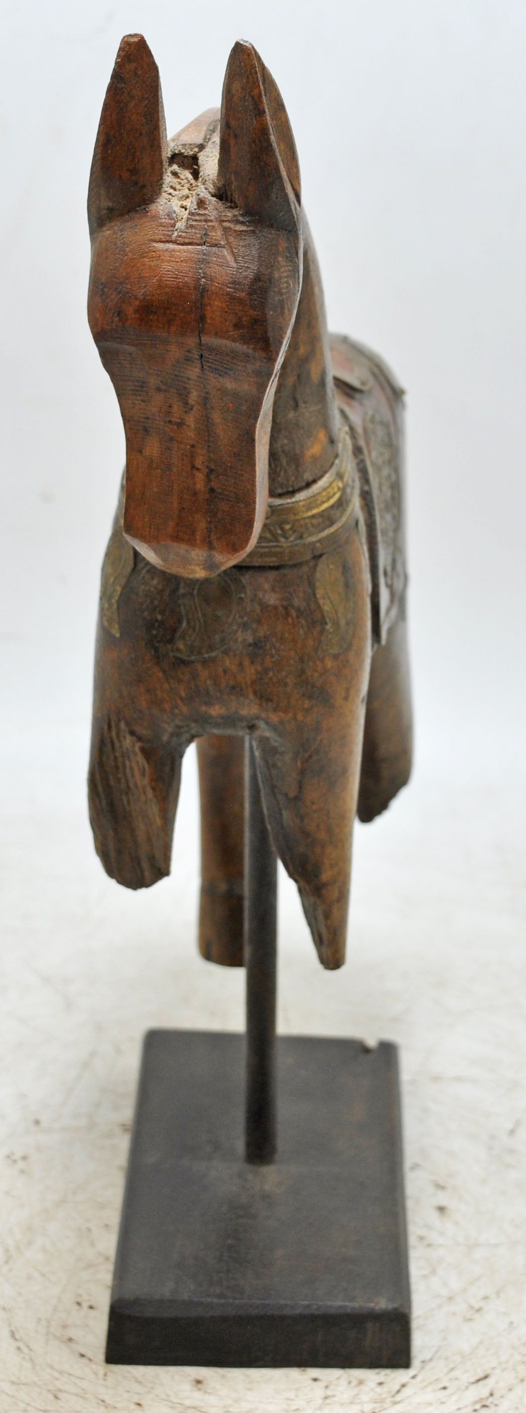 Vintage Wooden Horse Figurine on Stand Original Old Hand Carved Brass Fitted