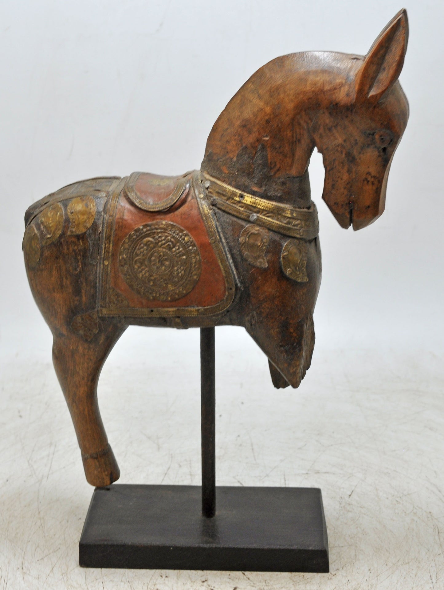 Vintage Wooden Horse Figurine on Stand Original Old Hand Carved Brass Fitted