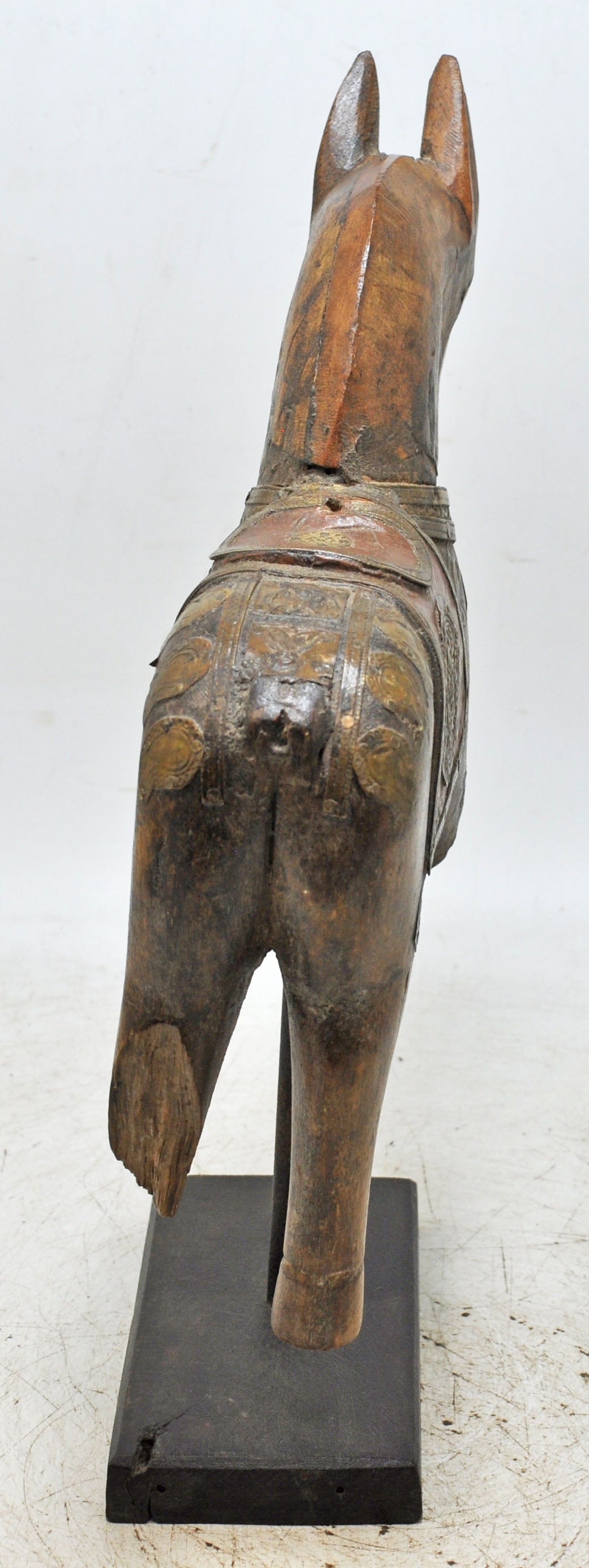 Vintage Wooden Horse Figurine on Stand Original Old Hand Carved Brass Fitted
