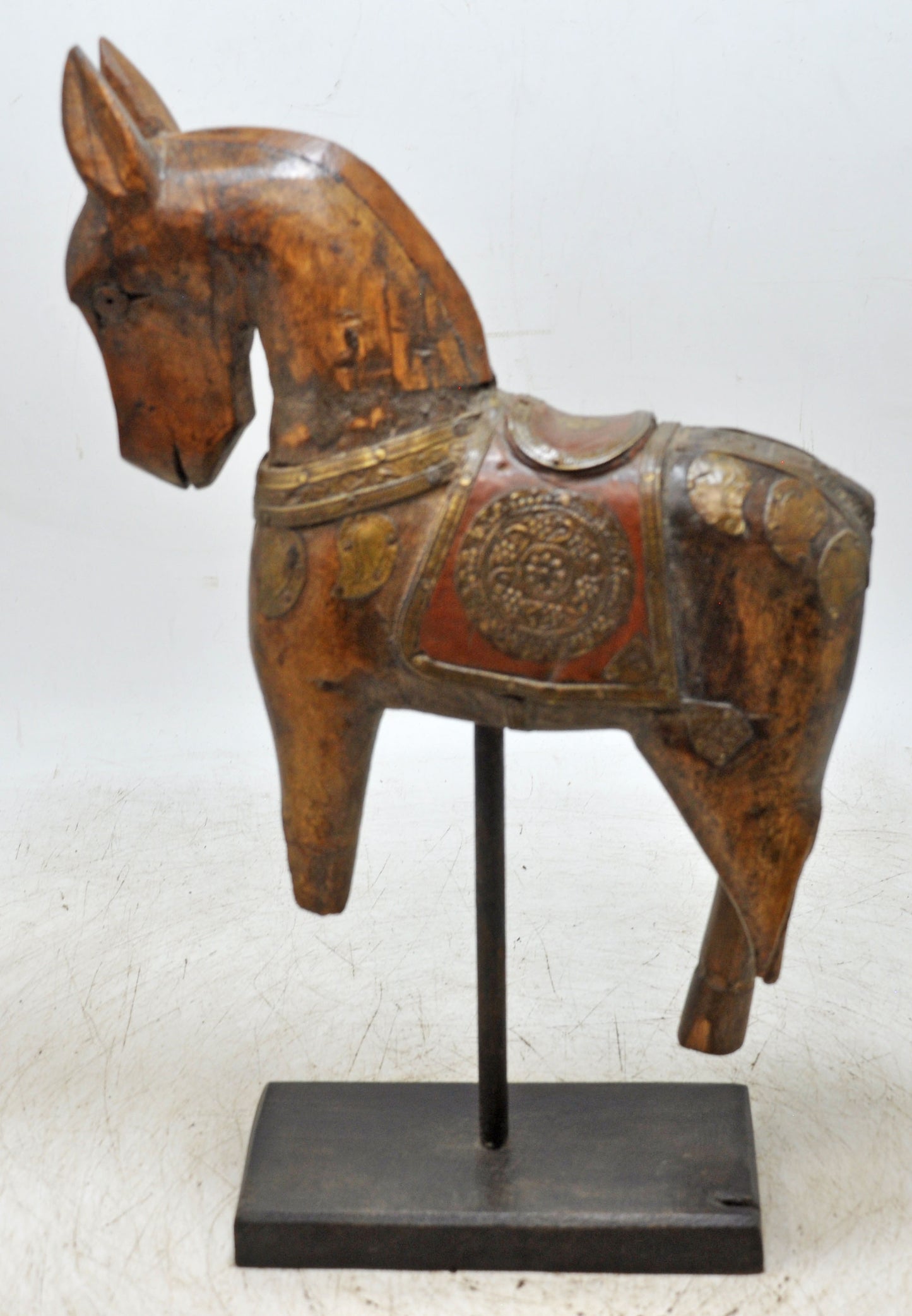 Vintage Wooden Horse Figurine on Stand Original Old Hand Carved Brass Fitted