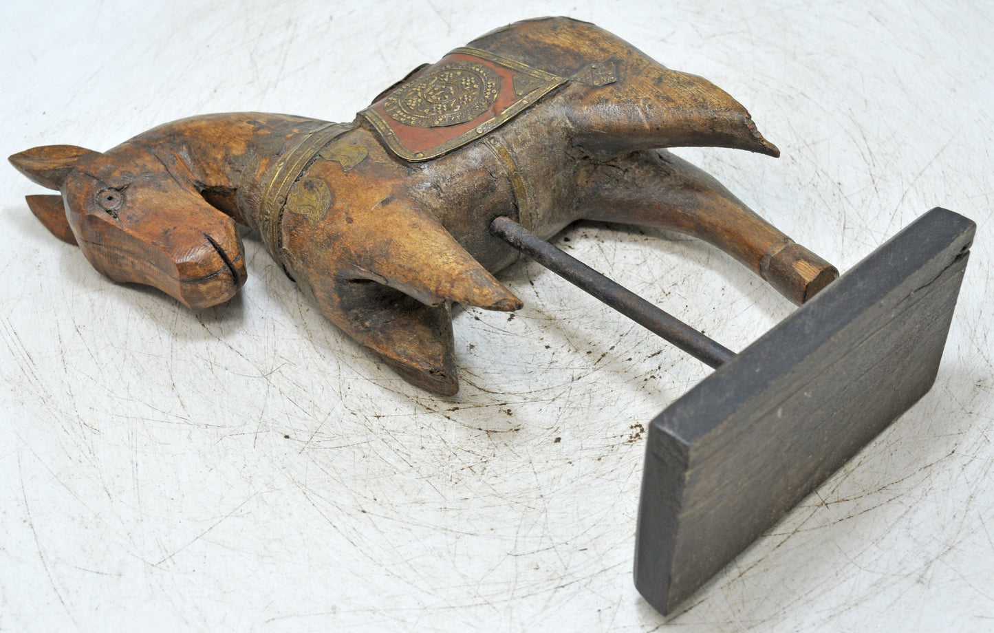 Vintage Wooden Horse Figurine on Stand Original Old Hand Carved Brass Fitted